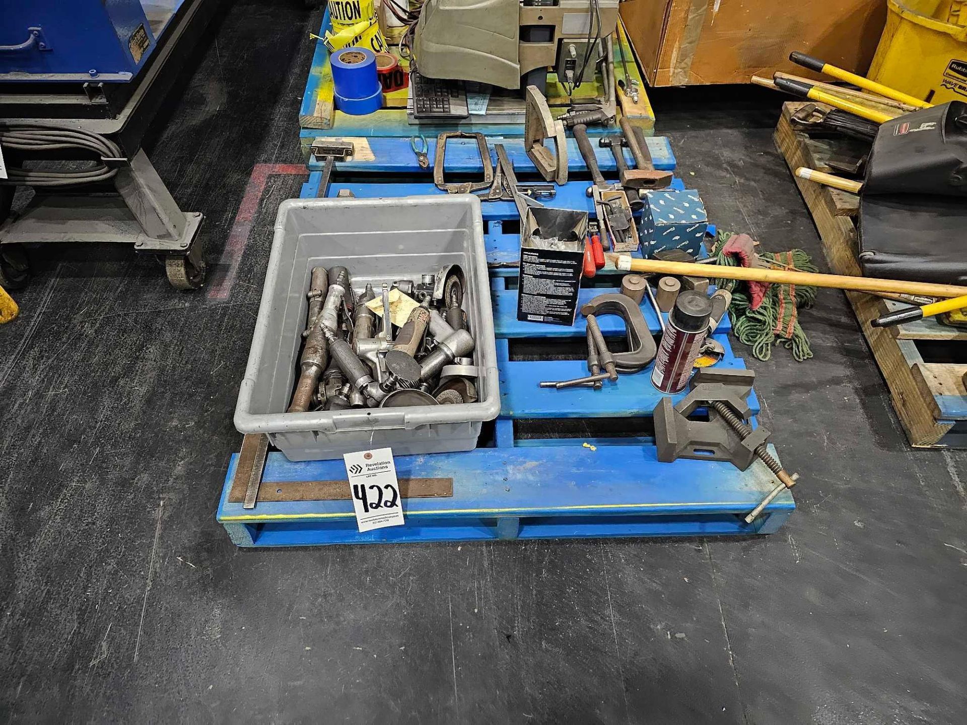 PALLET OF ASSORTED CLAMPS, TOOLS AND AIR TOOLS