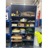 SHELF WITH CONTENTS: HOSE, PIPE BENDERS, BRASS SHIMS AND PLASTIC BAGS