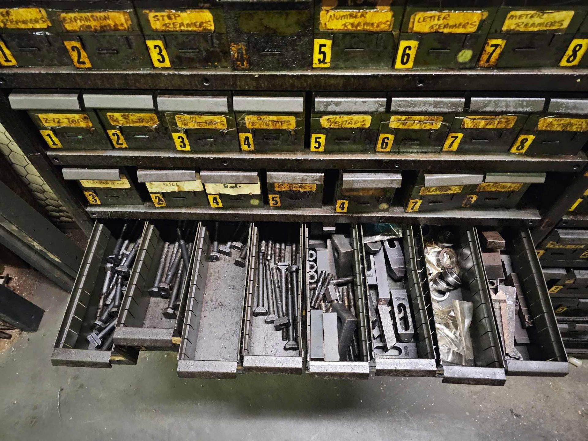 SHELVING W/ CUTTER, TAP, REAMER, MILL, DRILL BIT, DRILL, COUNTERSINK, COUNTERBORE TOOLS & FASTENERS - Image 16 of 31