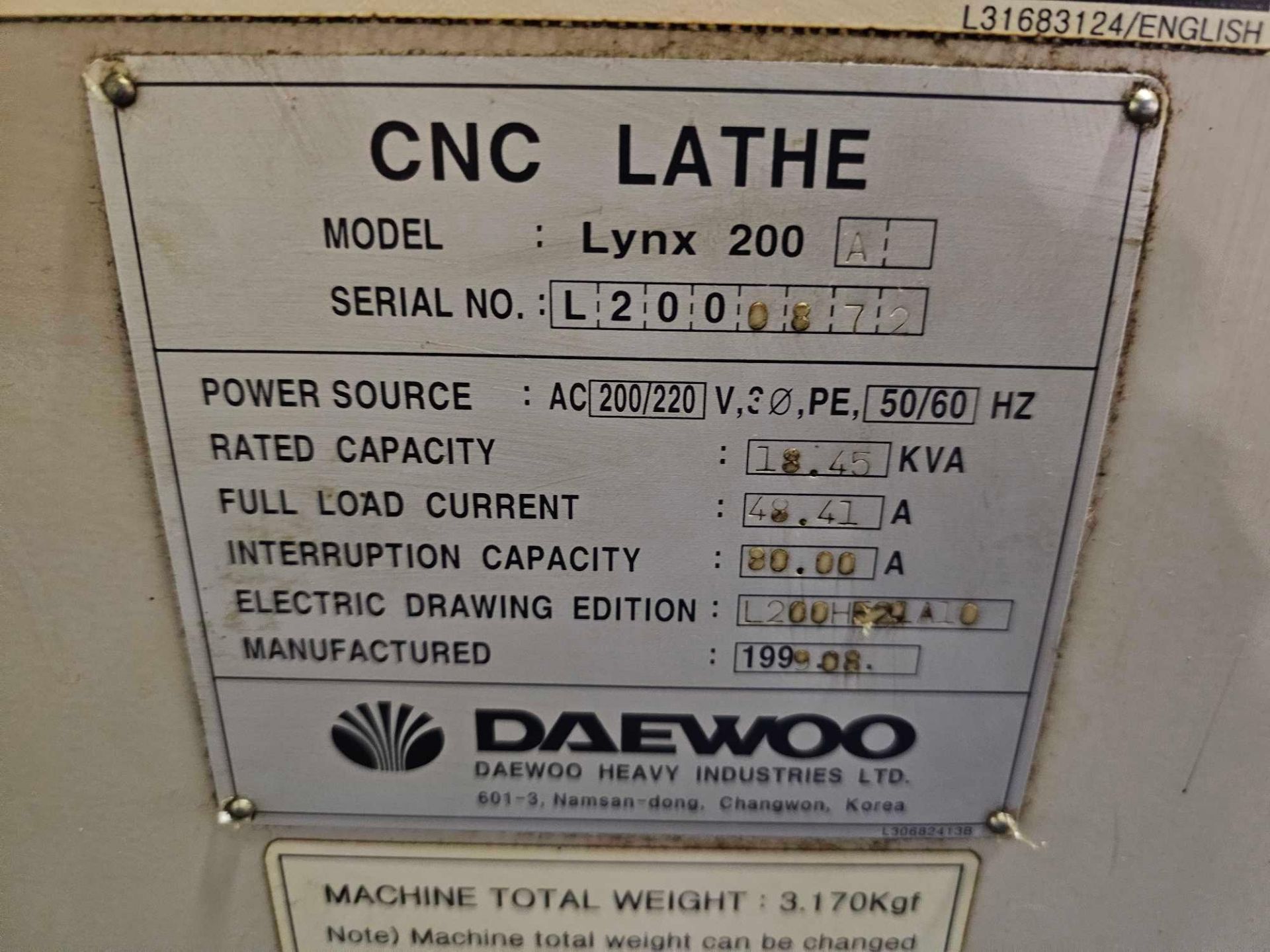 1999 DAEWOO LYNX 200 CNC TURNING CENTER (NO TOOLING) WITH TURBO CONVEYOR - Image 10 of 16