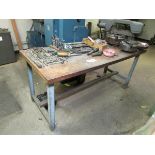 72"X30" WORKBENCH AND STEEL 1-DOOR CABINET WITH ASSORTED LATHE TOOLING