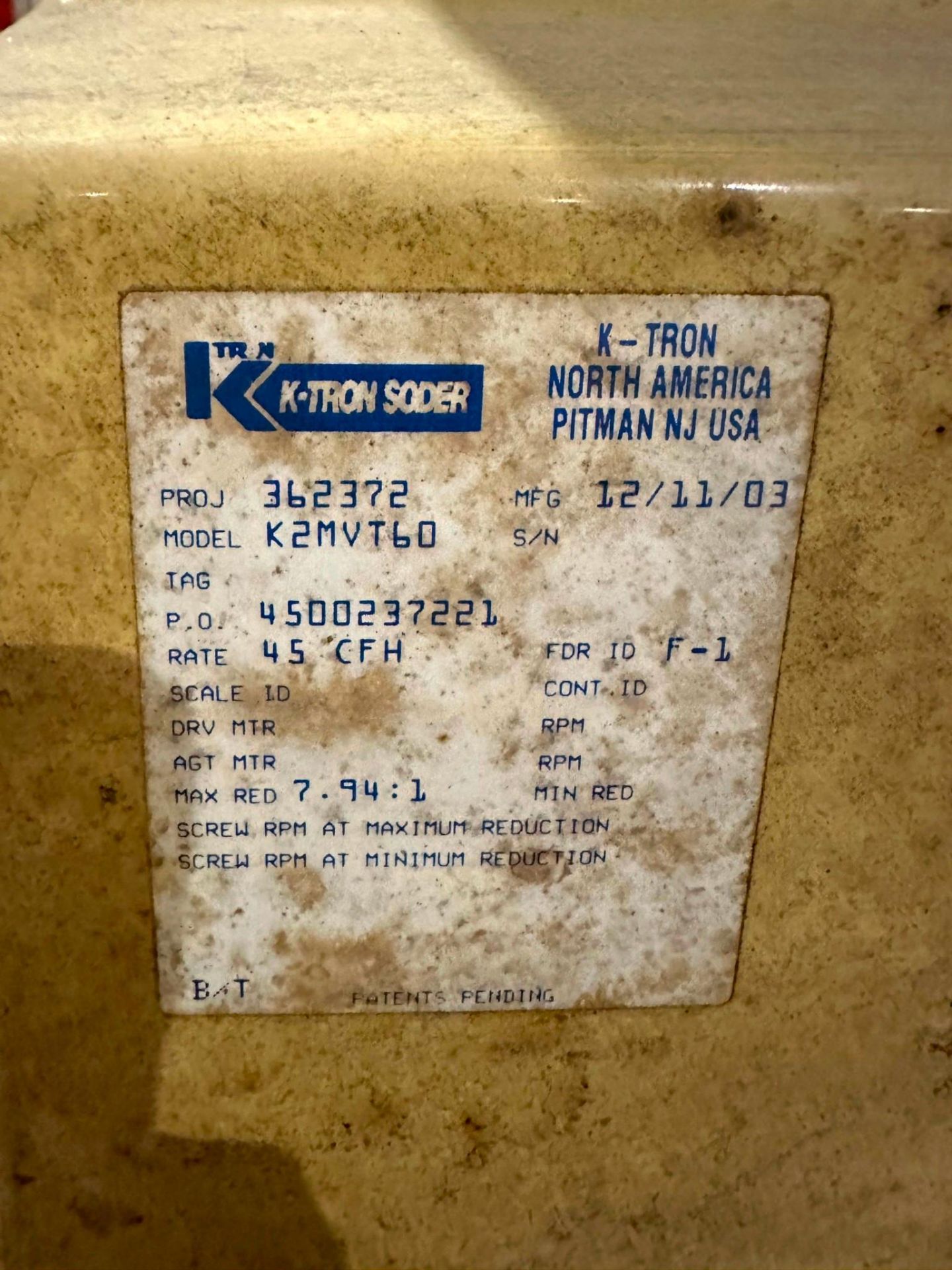 2003 K-TRON SODER K2MVT60 TWIN SCREW FEEDER - Image 3 of 4