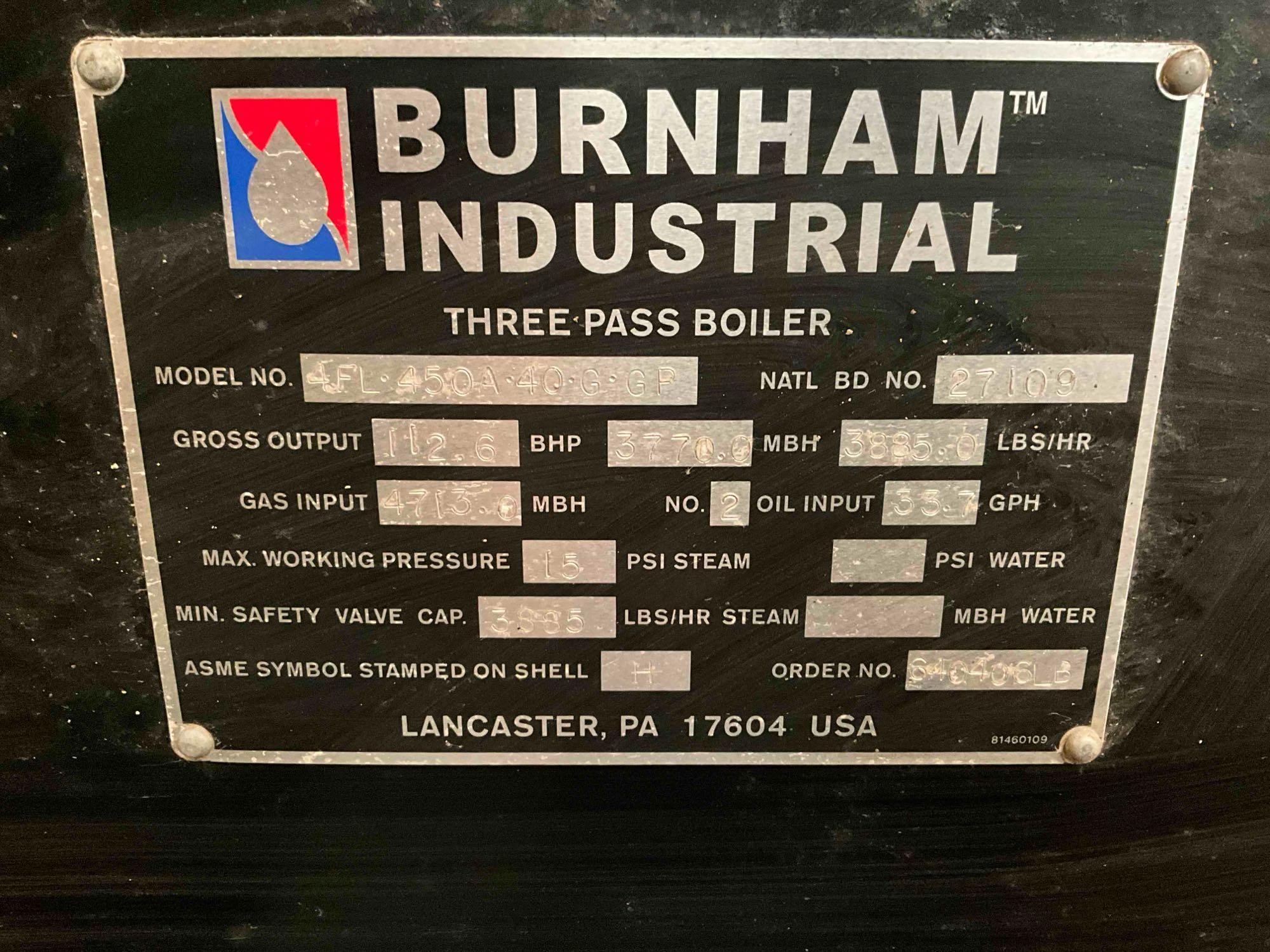 BURNHAM INDUSTRIAL THREE PASS BOILER MODEL 4FL 450A 40 G GP Item ...