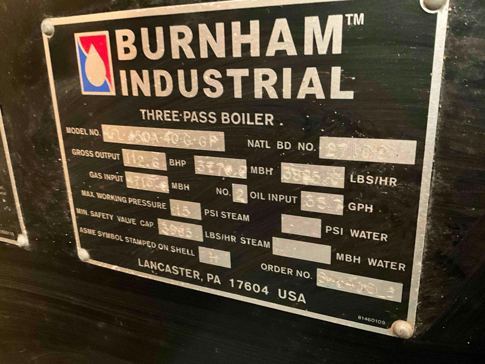 BURNHAM INDUSTRIAL THREE PASS BOILER - Image 11 of 12