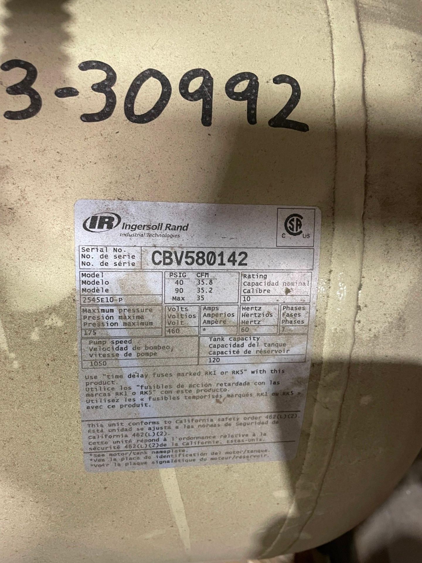 INGERSOLL RAND 2545 10 HP 120G AIR COMPRESSOR - Image 8 of 13