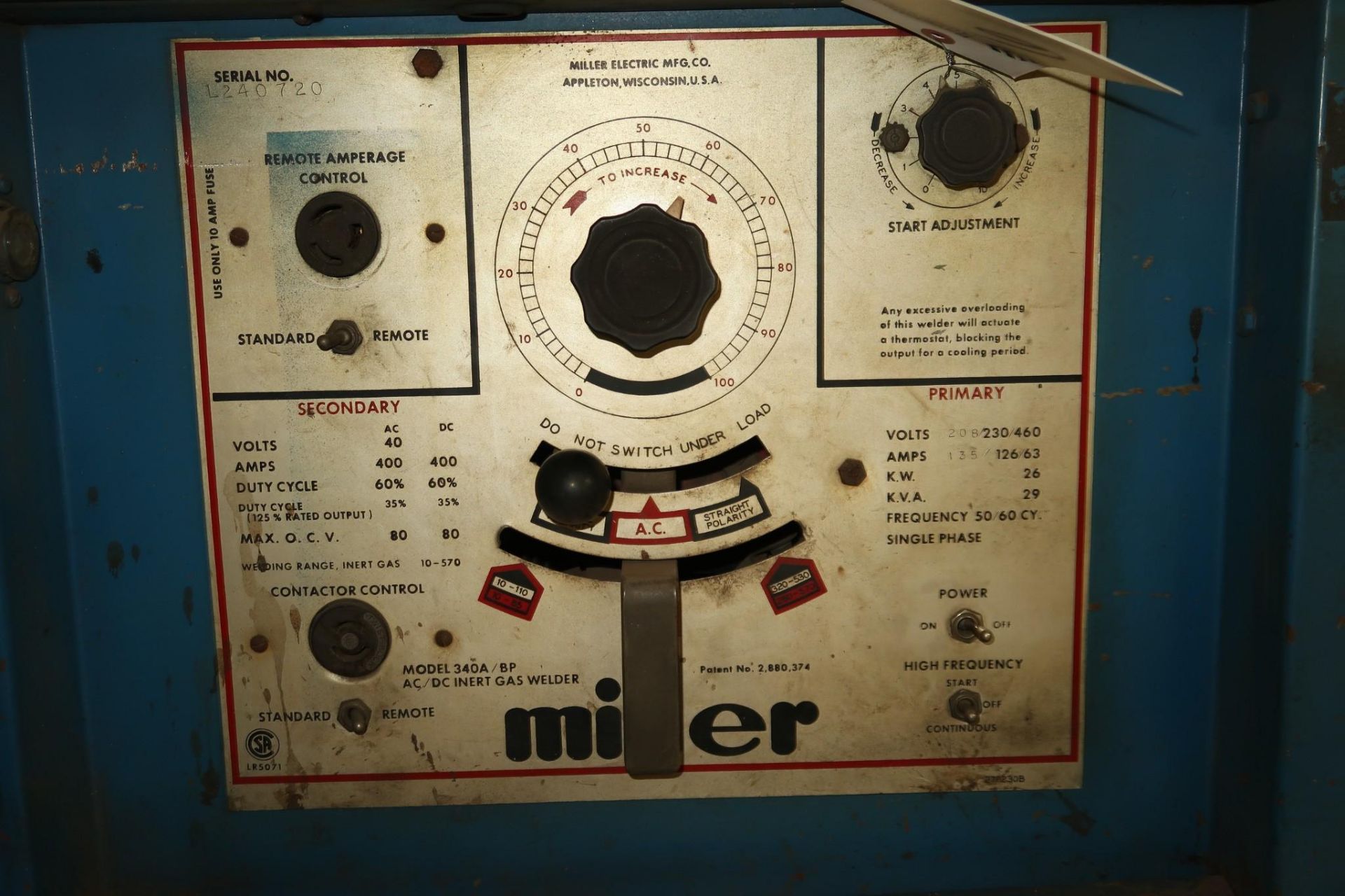 MILLER 340/BP AC/DC INERT GAS WELDER - Image 3 of 3