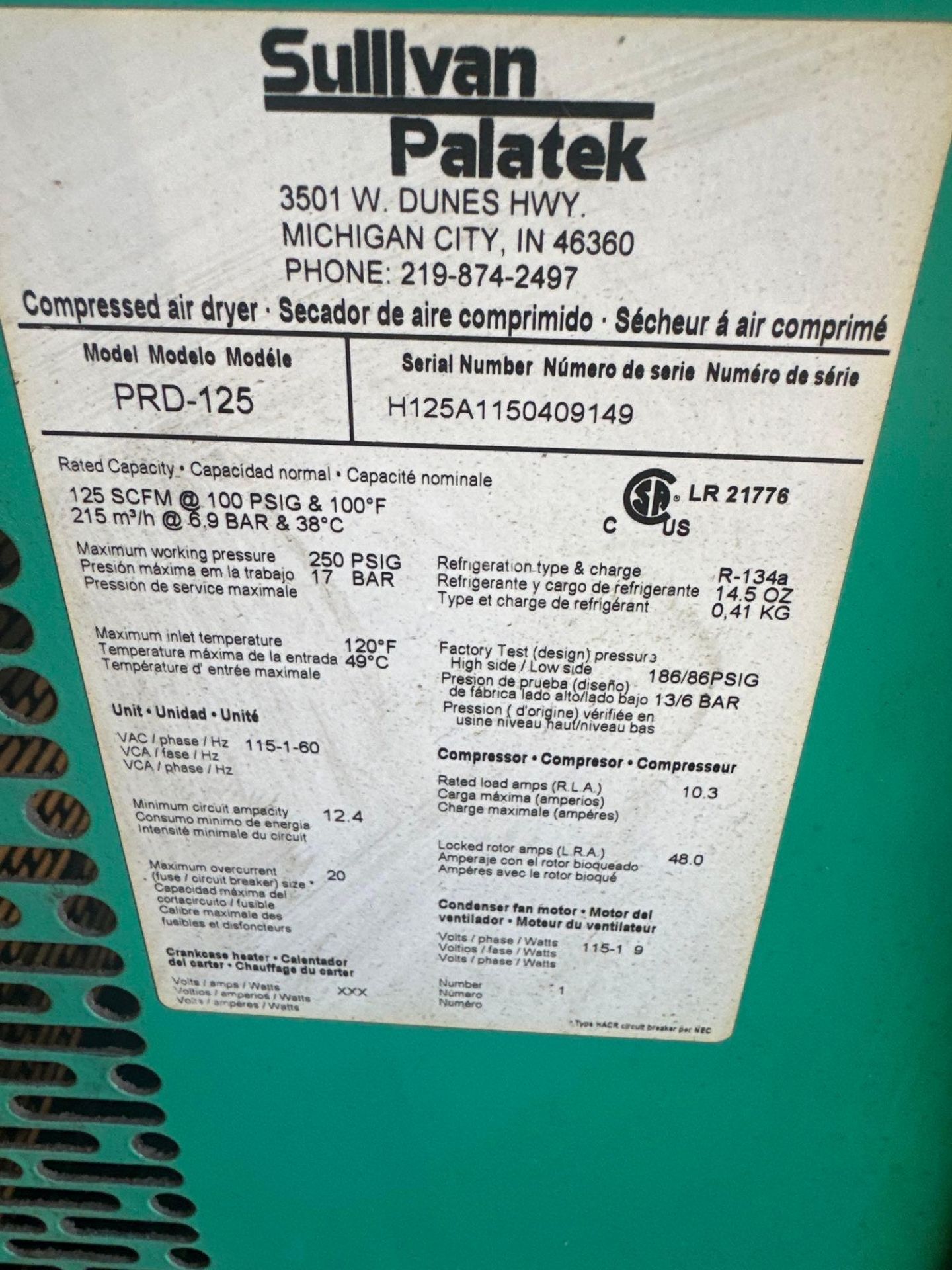 SULLIVAN/PALATEK 20 HP AIR COMPRESSOR AND AIR DRYER - Image 14 of 14