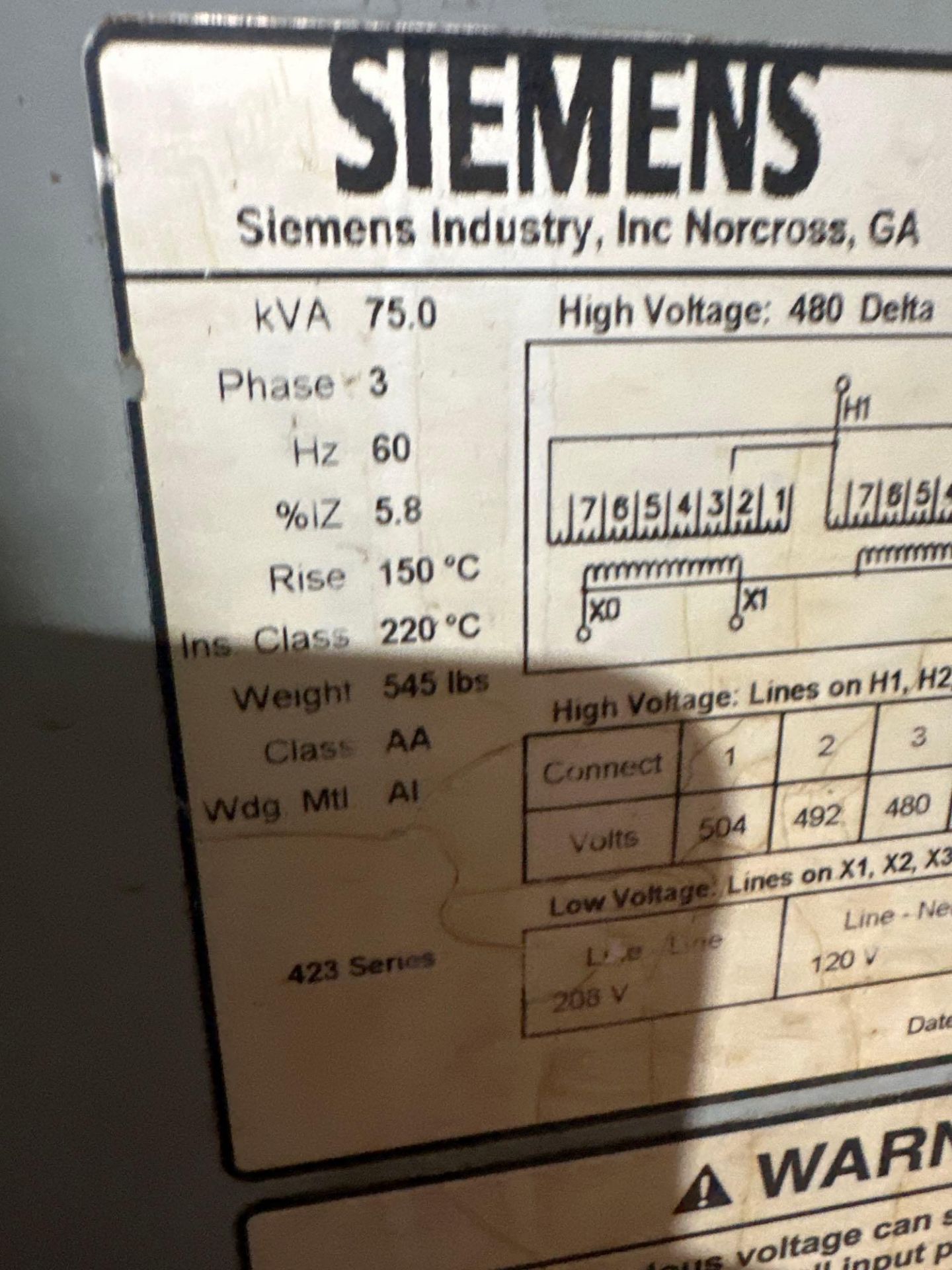 SIEMENS 75 KVA TRANSFORMER - Image 3 of 4