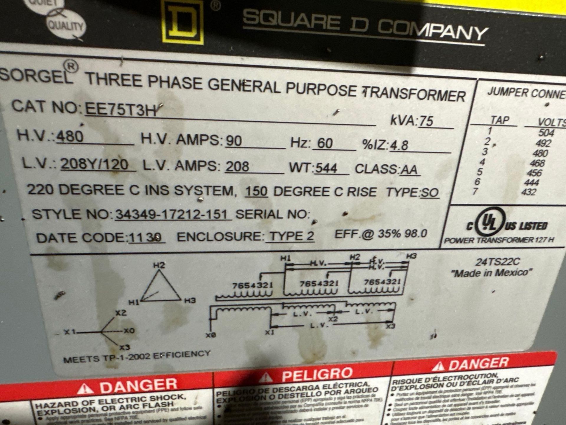 SQUARE D 75 KVA TRANSFORMER - Image 2 of 2