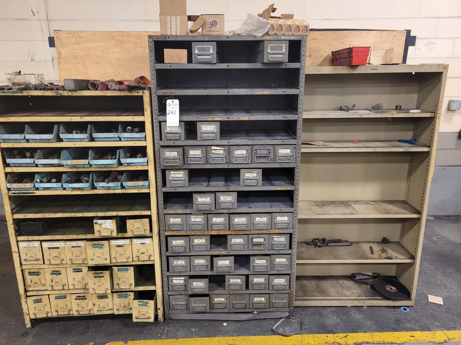 SHELVES OF ASSORTED TOOLING, END MILLS, DRILLS, TAPS