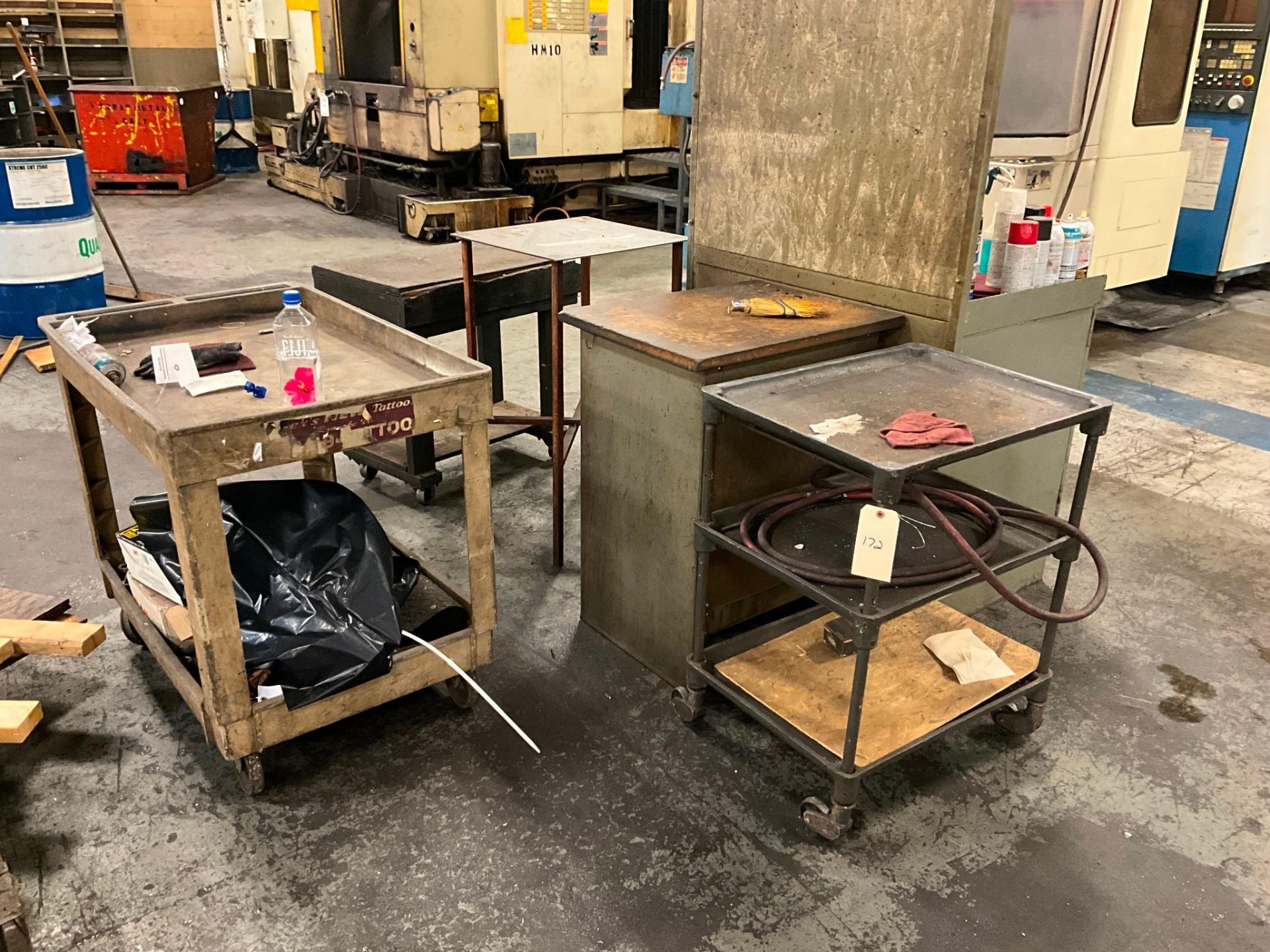 (8) STEEL SHELVES, TABLES, AND CABINETS