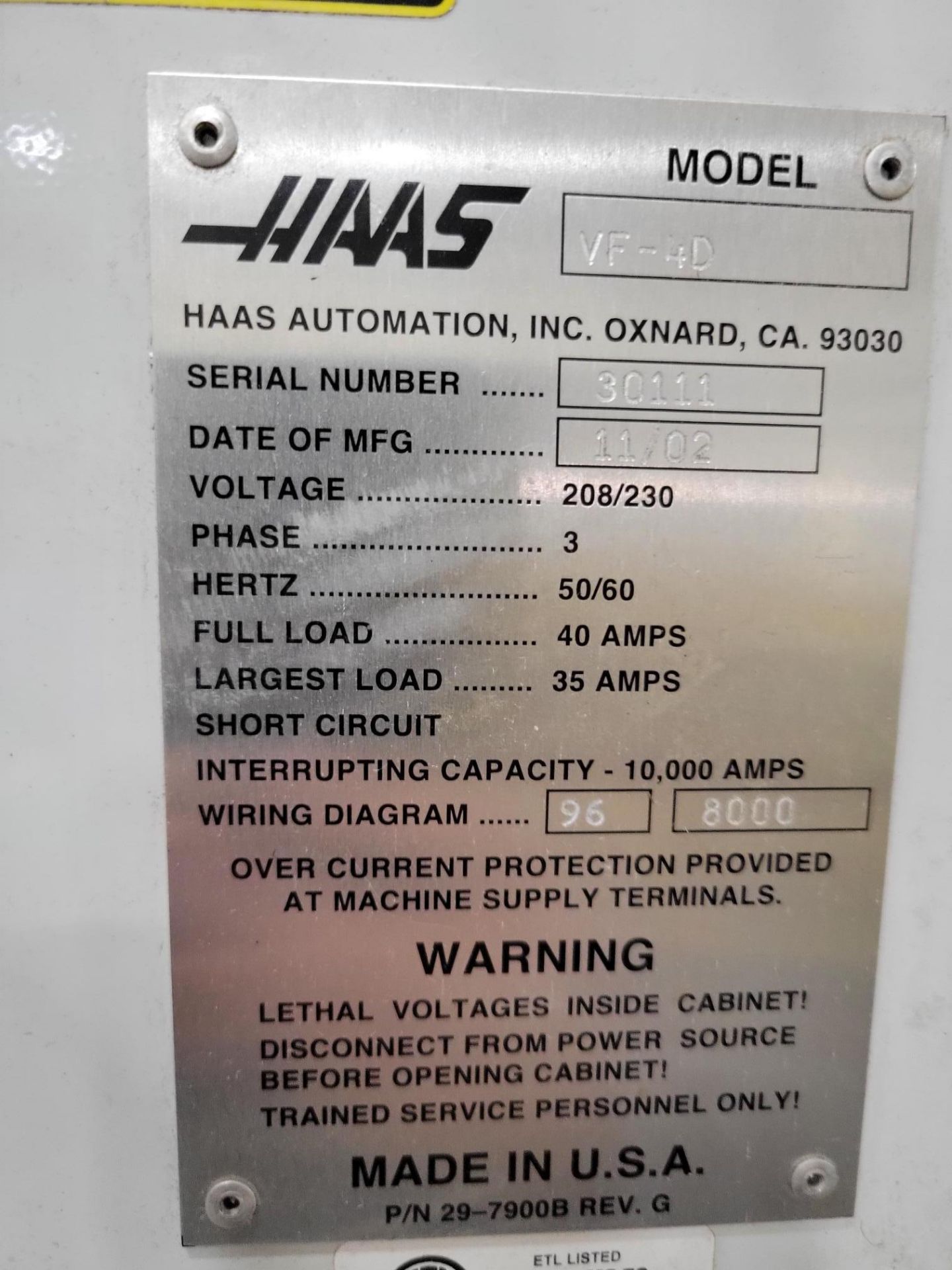 HAAS VF-4D CNC VERTICAL MACHINING CENTER, 2002 - Image 12 of 14