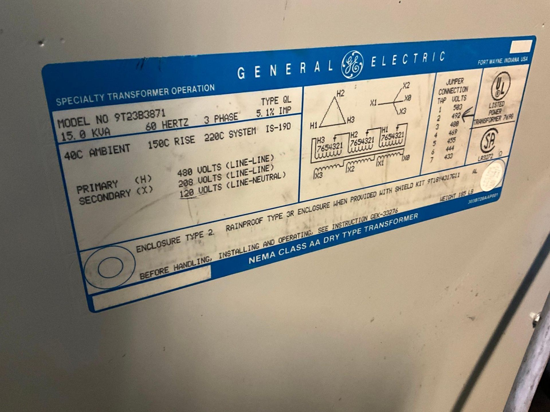 GE NEMA CLASS AA DRY TYPE TRANSFORMER - Image 2 of 2