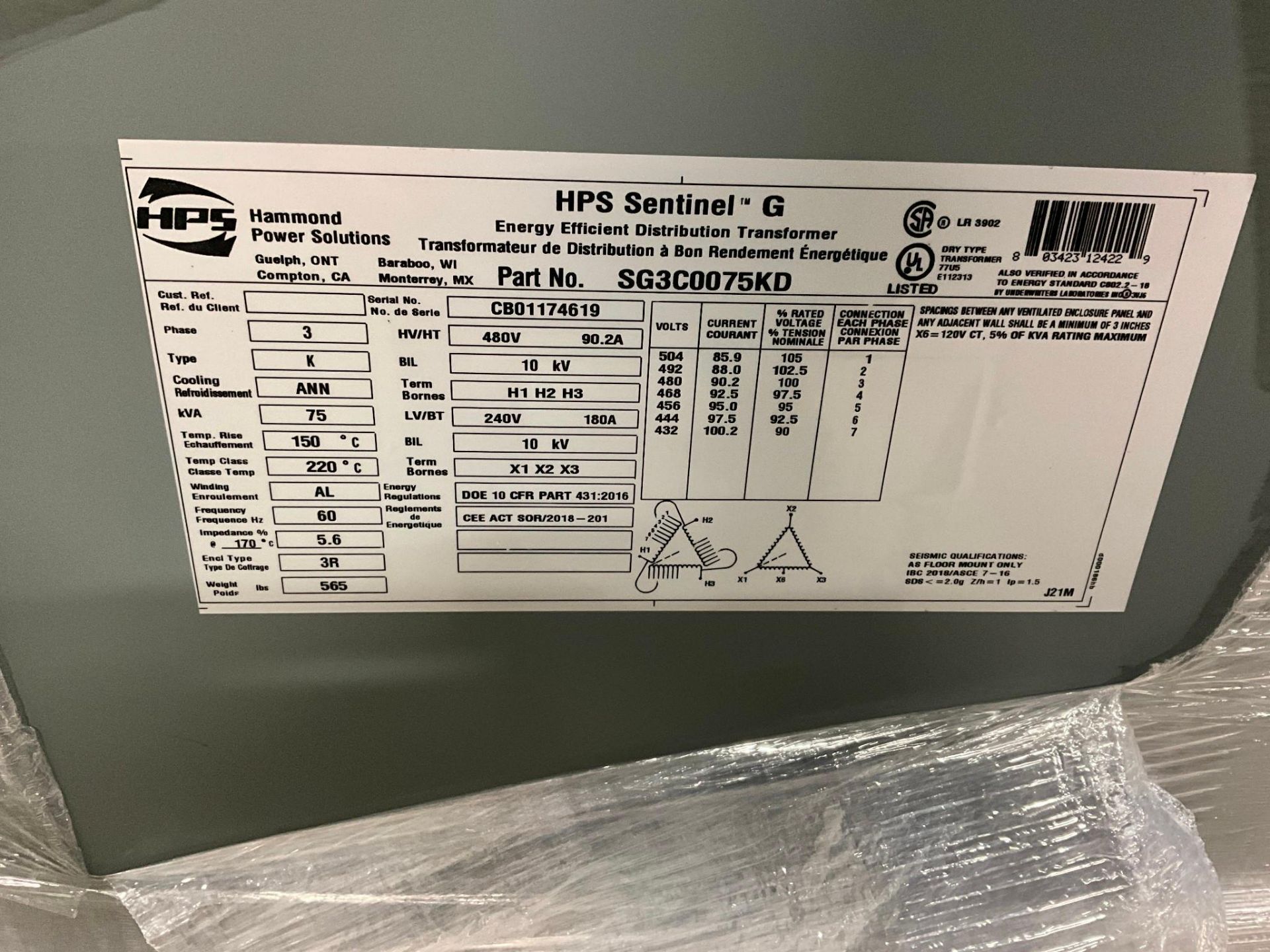 HPS SENTINEL G SG3C0075KD TRANSFORMER SN: CB01174619 - Bild 3 aus 3