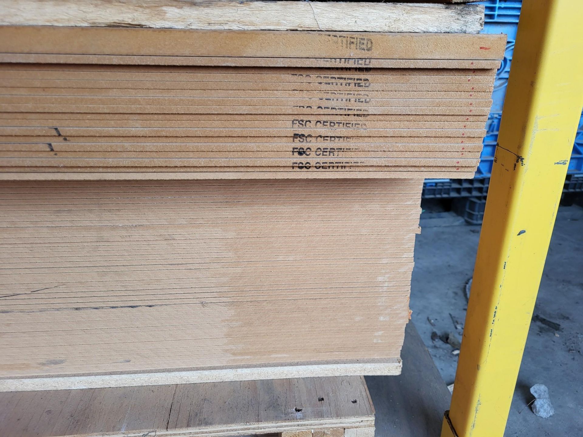 LARGE LOT OF MDF MATERIAL, WITH MATERIAL STORAGE RACK - Image 7 of 8