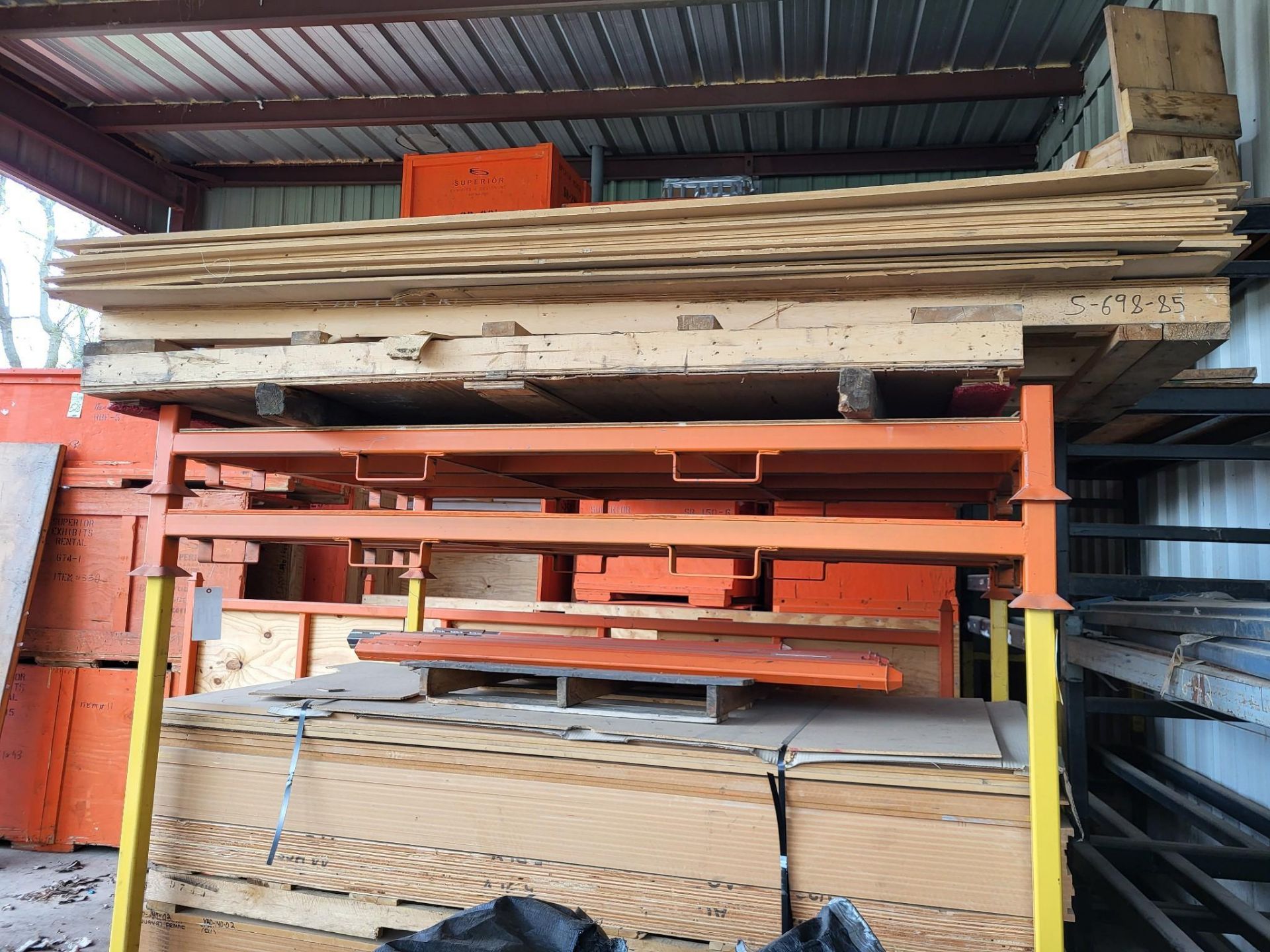 LARGE LOT OF MDF MATERIAL, WITH MATERIAL STORAGE RACK - Image 3 of 8