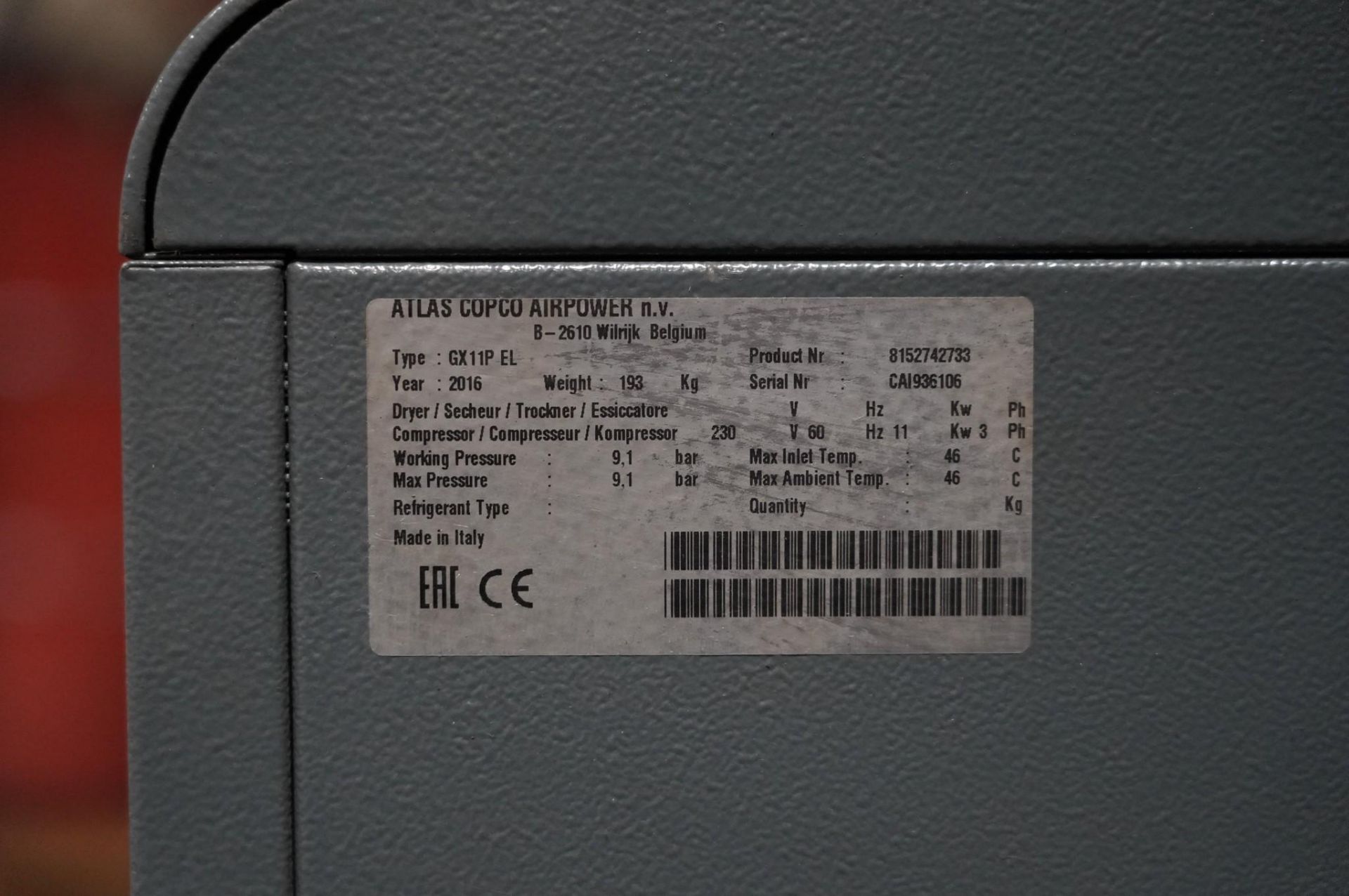 2016 ATLAS COPCO GX11P EL AIR COMPRESSOR - Image 5 of 5