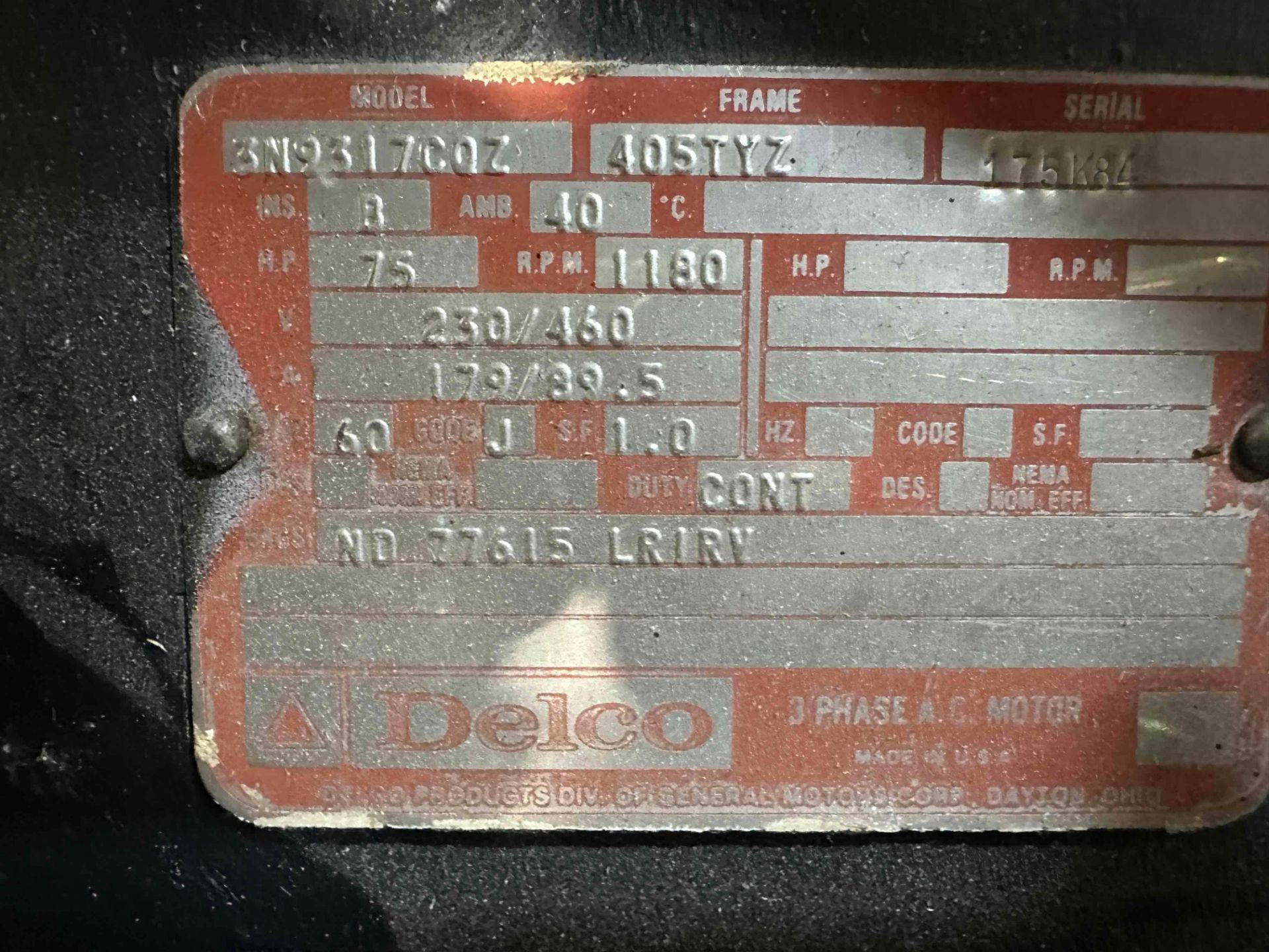 DELCO 75 HP 3N9317CQZ 3 PHASE AC MOTOR - Image 3 of 3