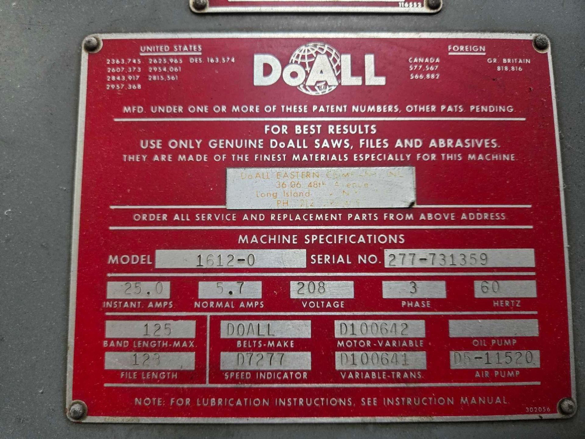 DOALL MODEL 1612-0 DBW-15 BAND SAW - Image 16 of 18
