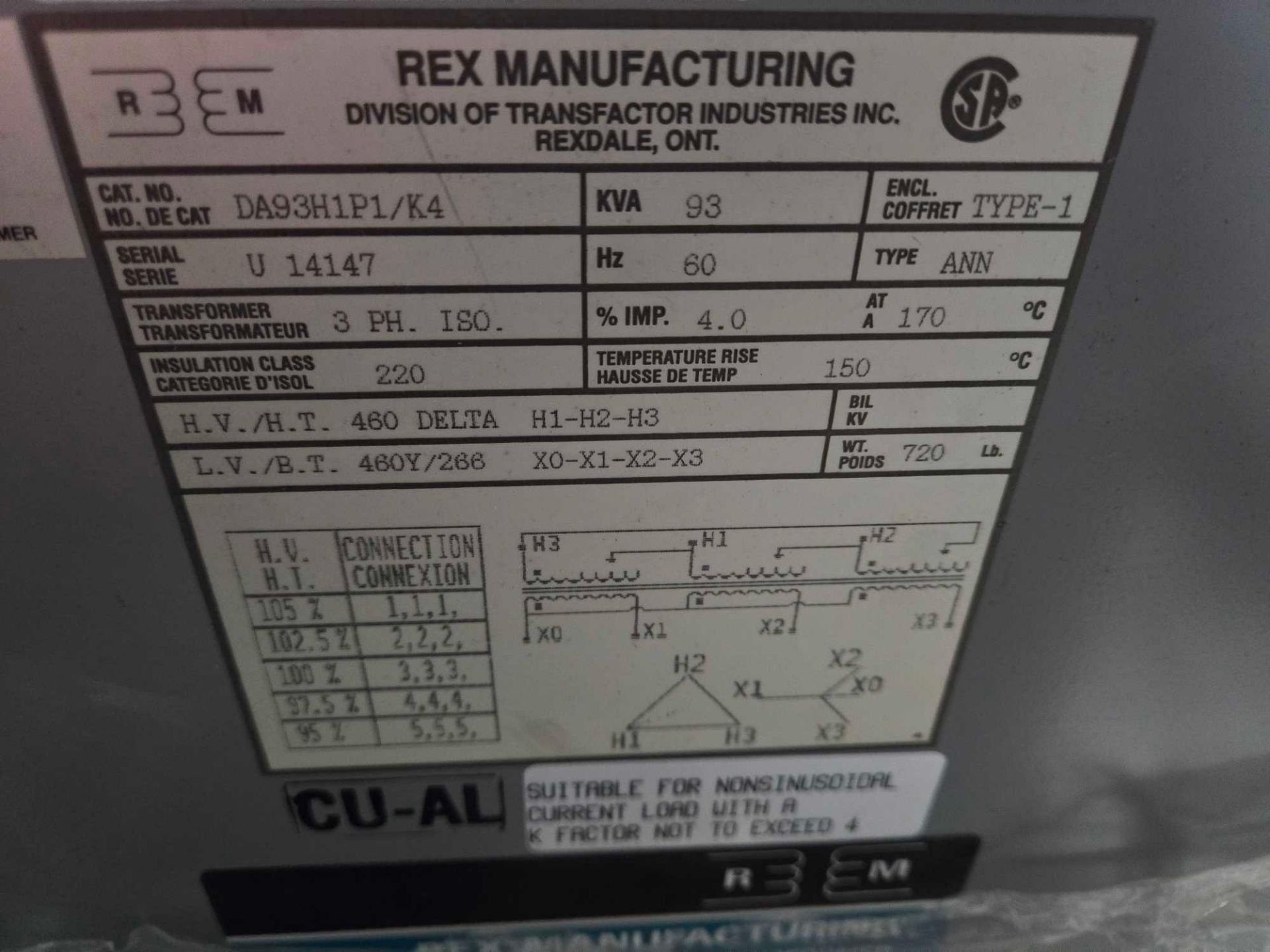 REX MANUFACTURING DA93H1P1/K4, 93 KVA TRANSFORMER - Image 5 of 7