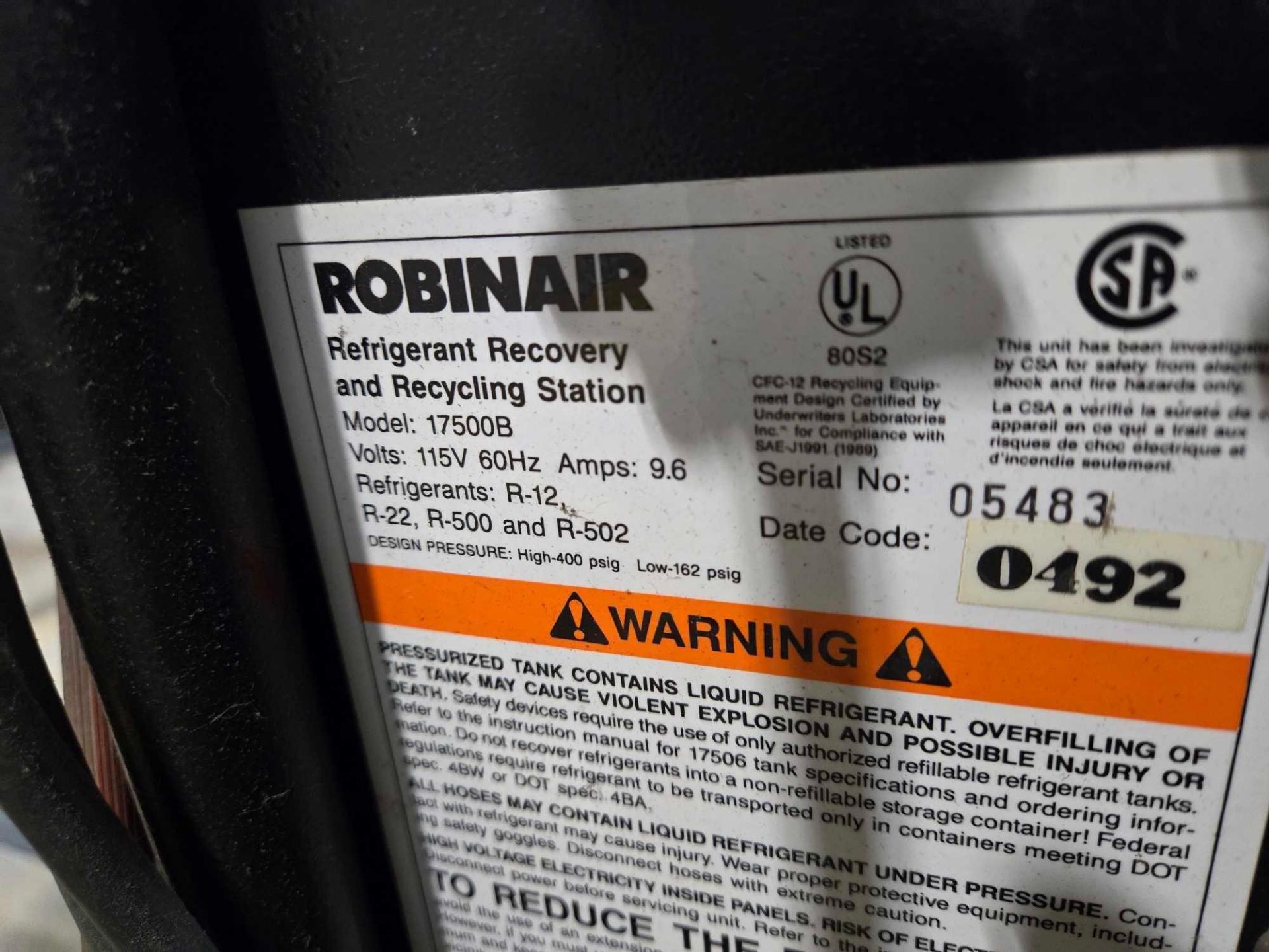 ROBINAIR 17500B REFRIGERANT RECOVERY AND RECYCLING STATION - Image 13 of 13