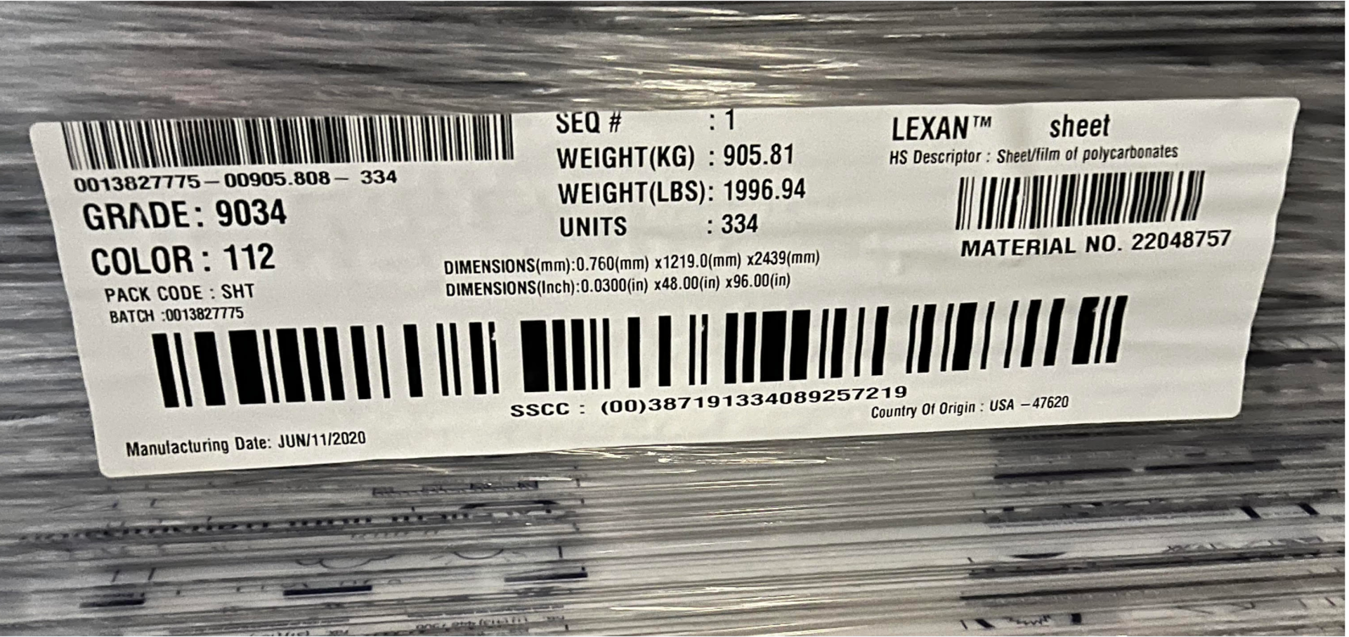 SKID OF LEXAN SHEETS, 334 SHEETS/SKID - Image 5 of 5