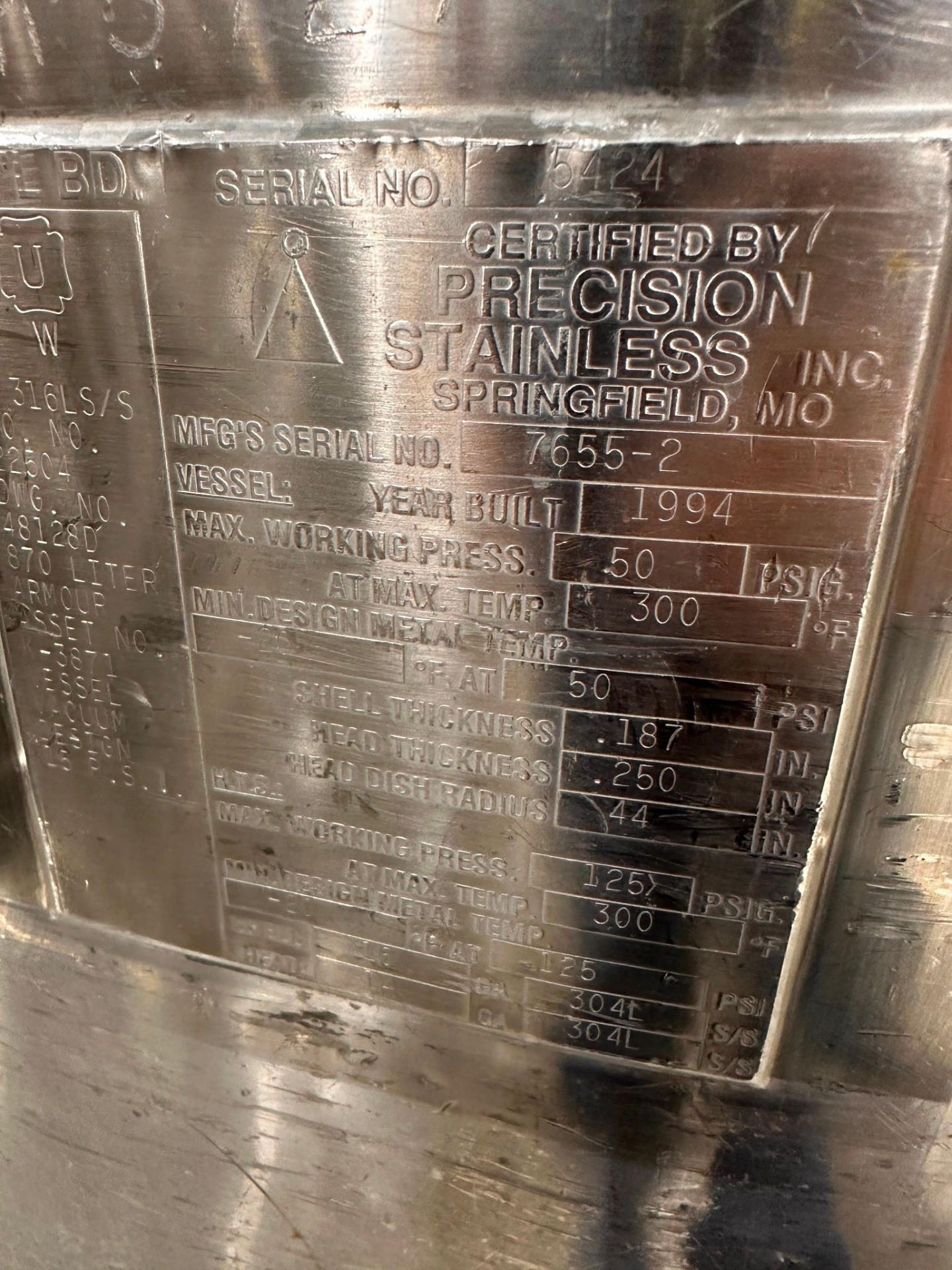 PRECISION STAINLESS STEEL 870 L REACTOR - Image 8 of 10