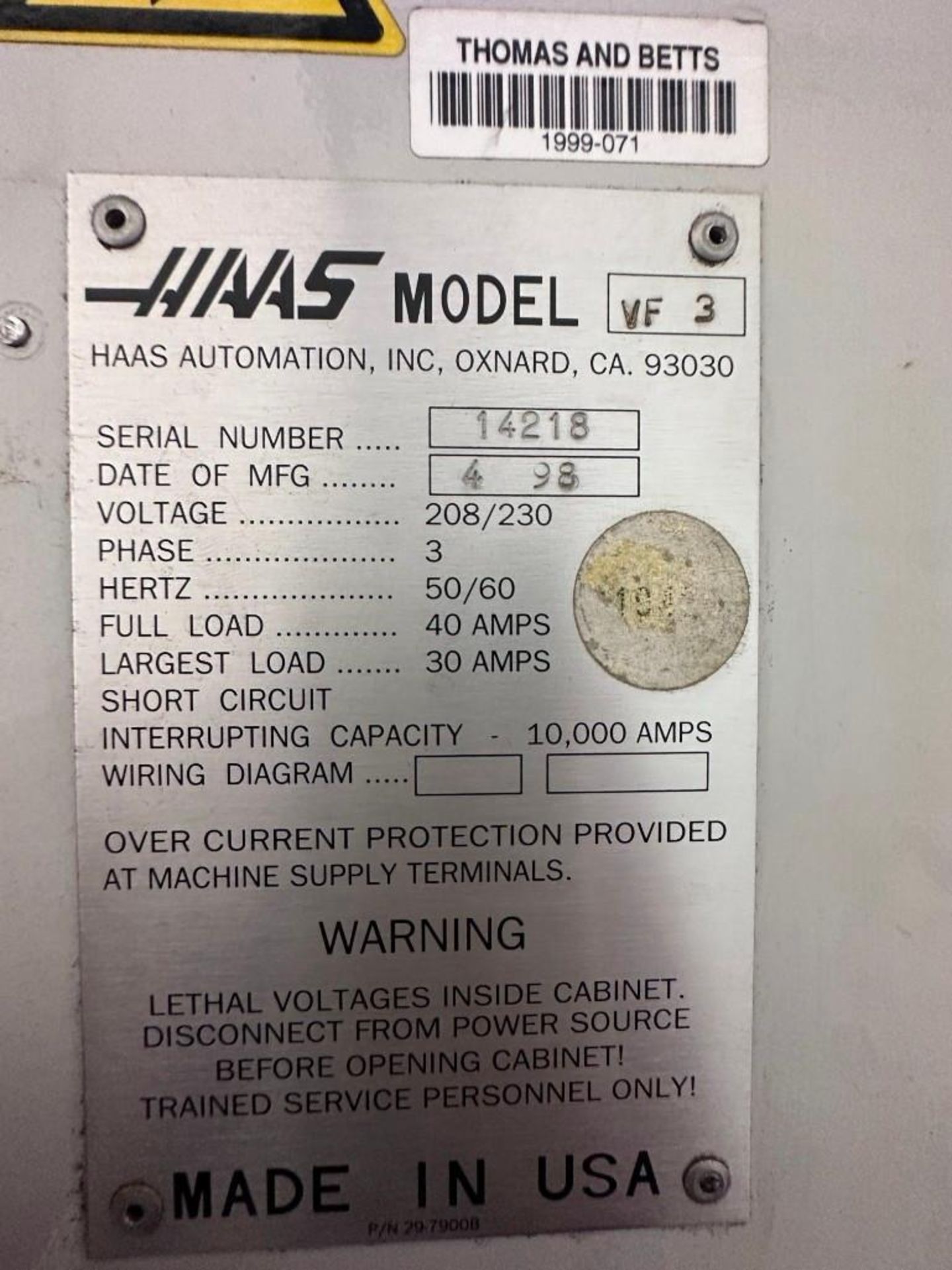 HAAS VF-3 VERTICAL MACHINING CENTER; 1998 - Image 14 of 14