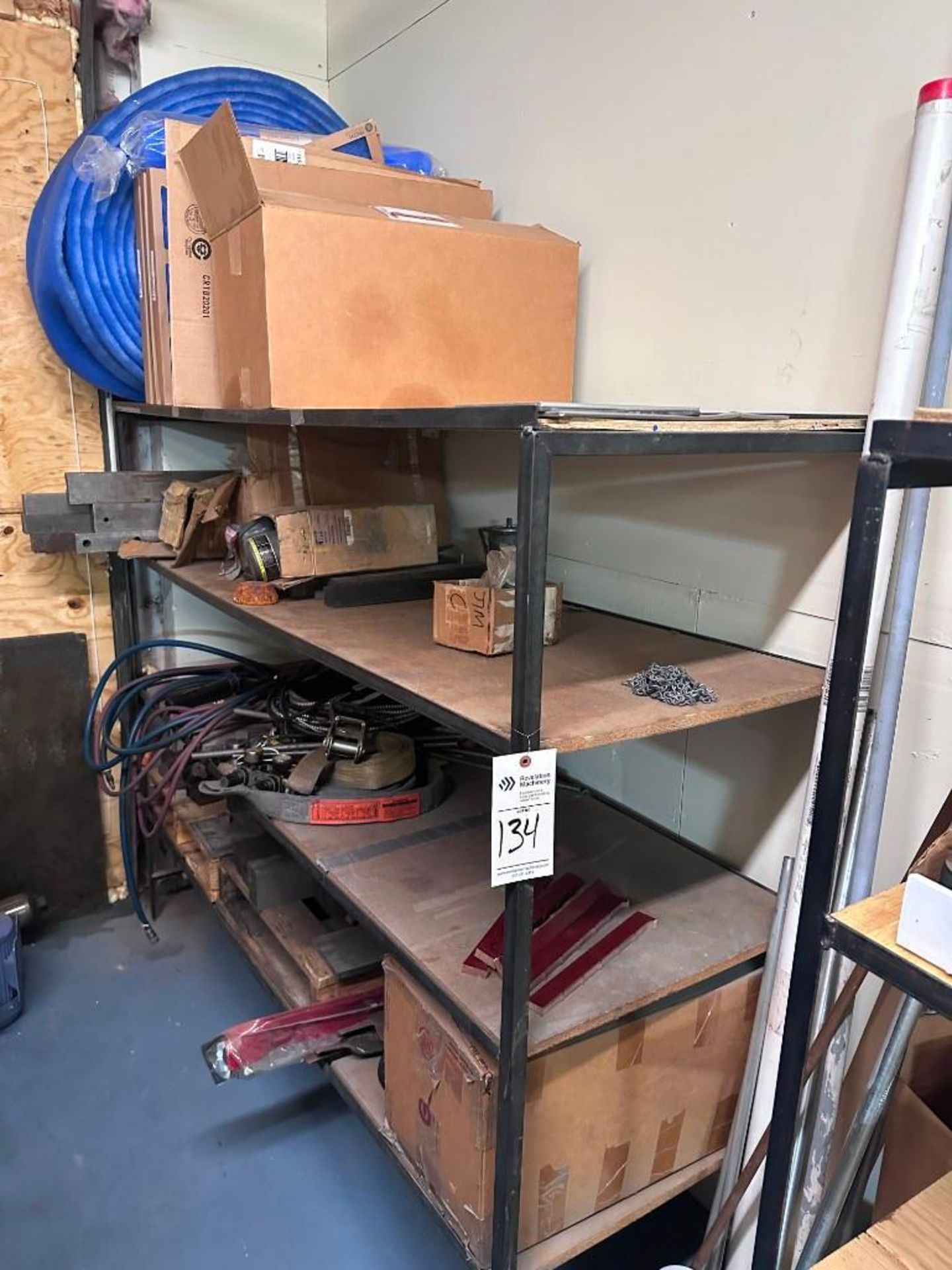 STEEL SHELVING UNIT WITH CONTENTS, SPARE PARTS, STOCK MATERIAL