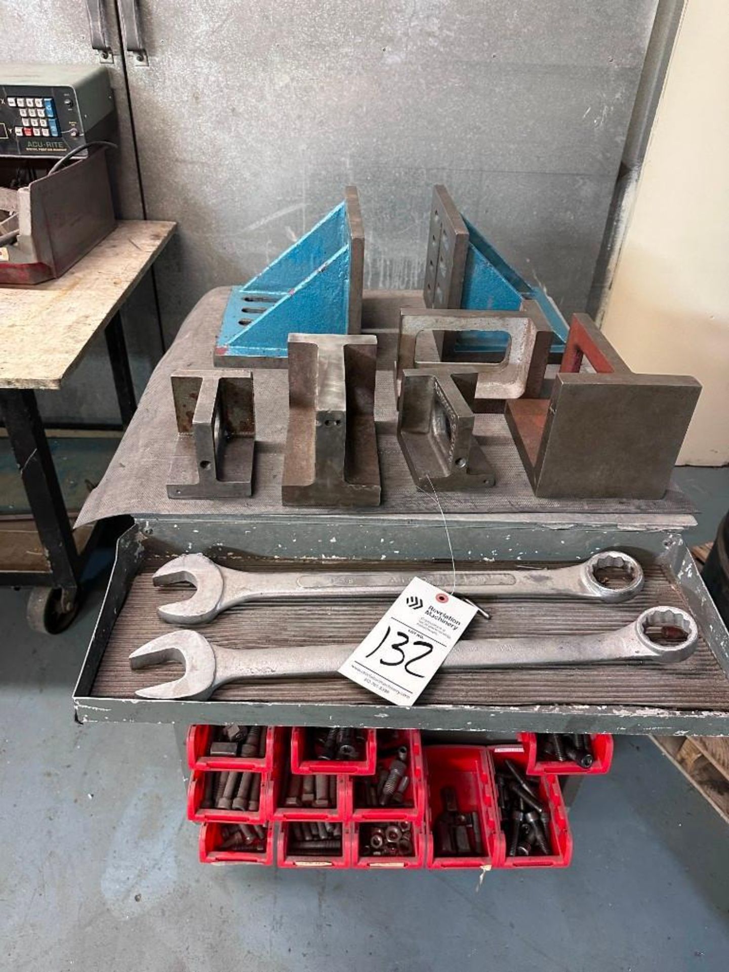 CART WITH CONTENTS, WORKHOLDING, WRENCHES, ANGLE PLATES