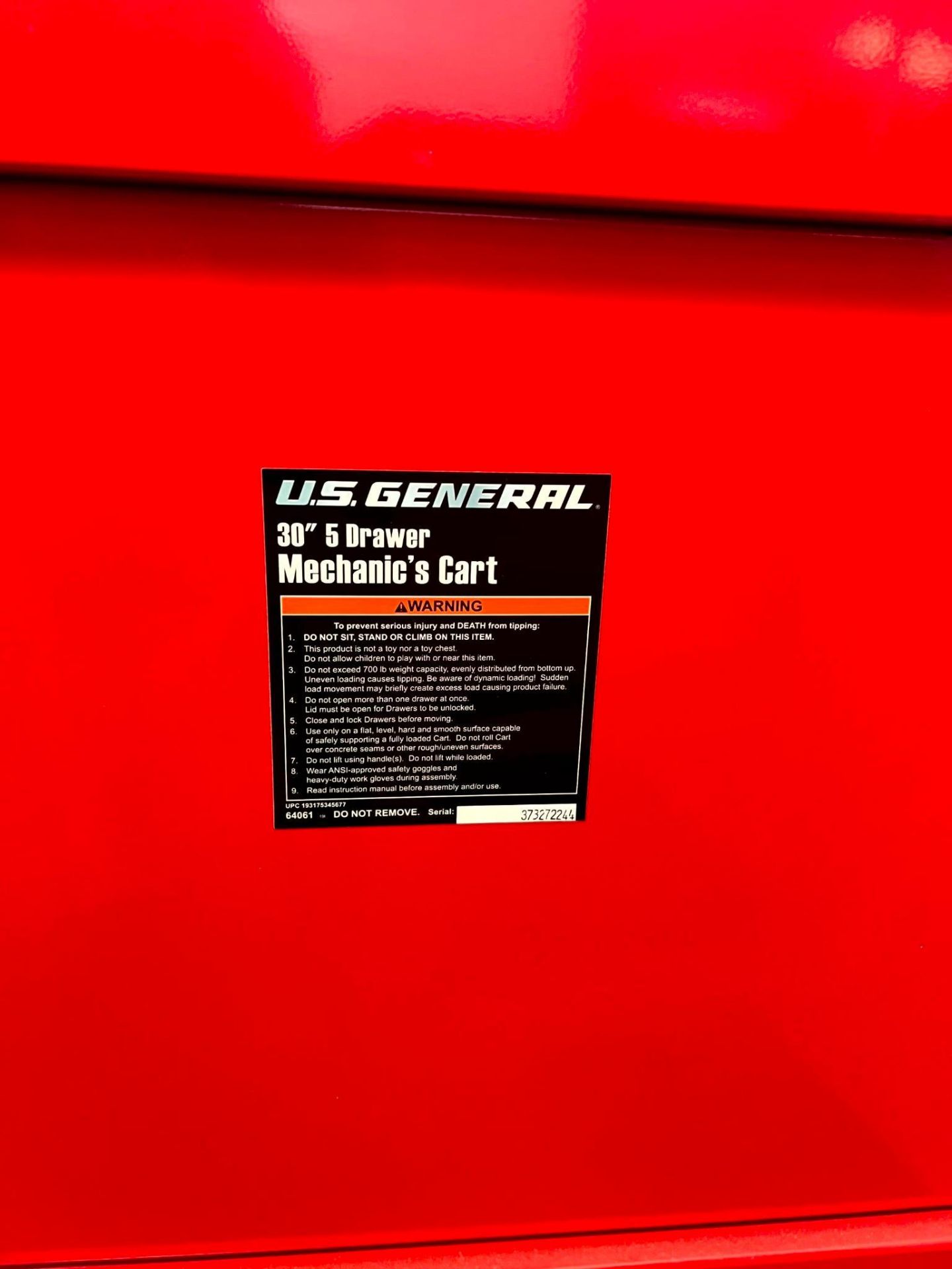 US GENERAL 30" 5 SLOT TOOL BOX W/ WHEELS - Image 2 of 2