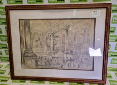 Bryan De Grineau pencil sketch believed to be the Chapel at Welbeck Abbey