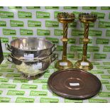 2x Brass plated candlestick holders - height: 360mm, Collection plate - diameter: 300mm, 2x EPNS sou