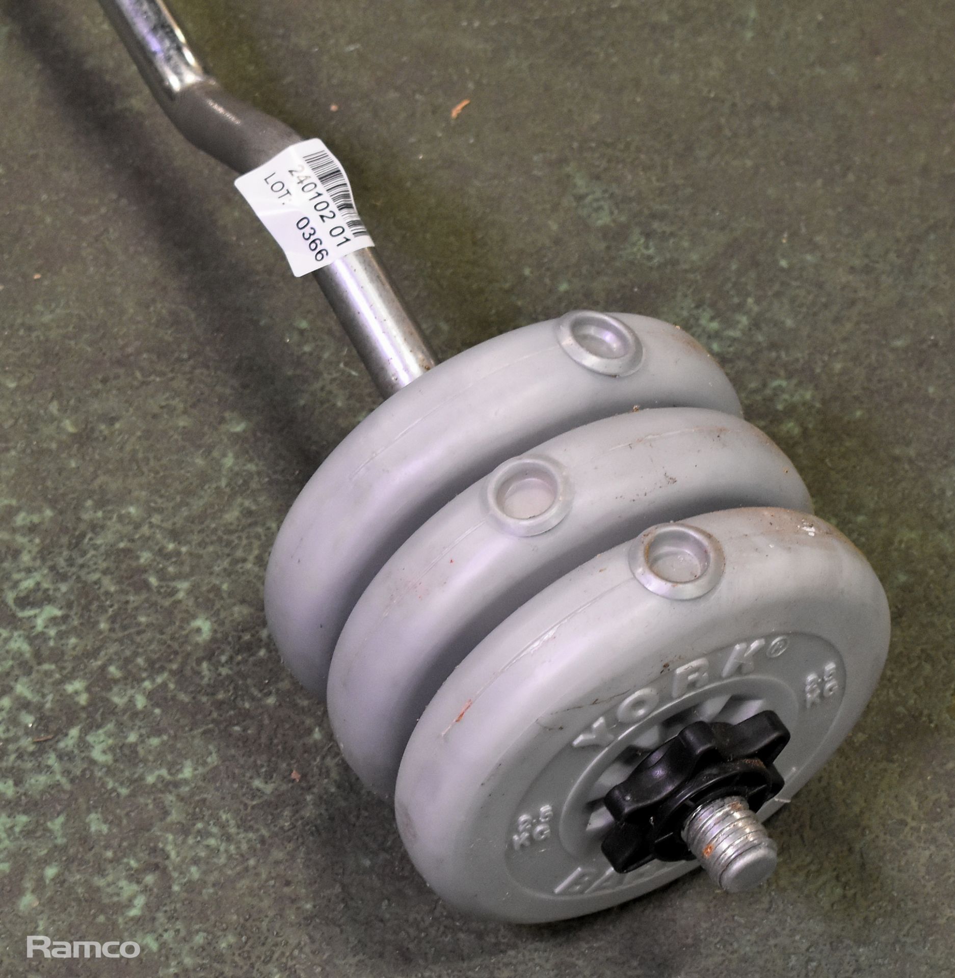Curling bar with 6x York 2.5kg barbell weights - overall length: 1200mm - Image 2 of 3