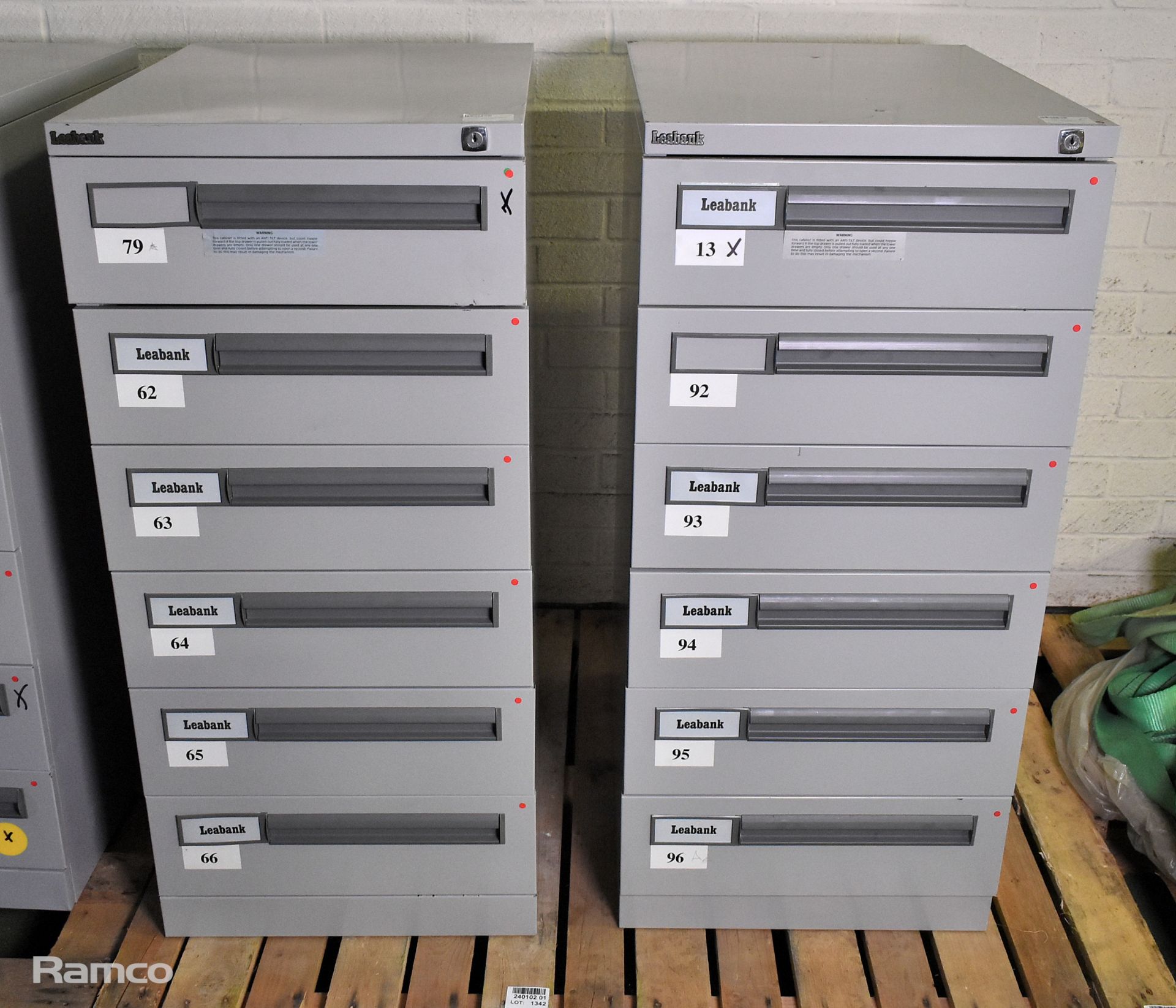 2x Leabank 6 drawer filing cabinets - W 470 x D 630 x H 1020mm - NO KEYS