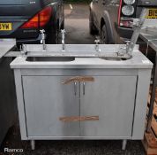 Stainless steel double sink unit with 2 door storage - W 1100 x D 450 x H 900mm