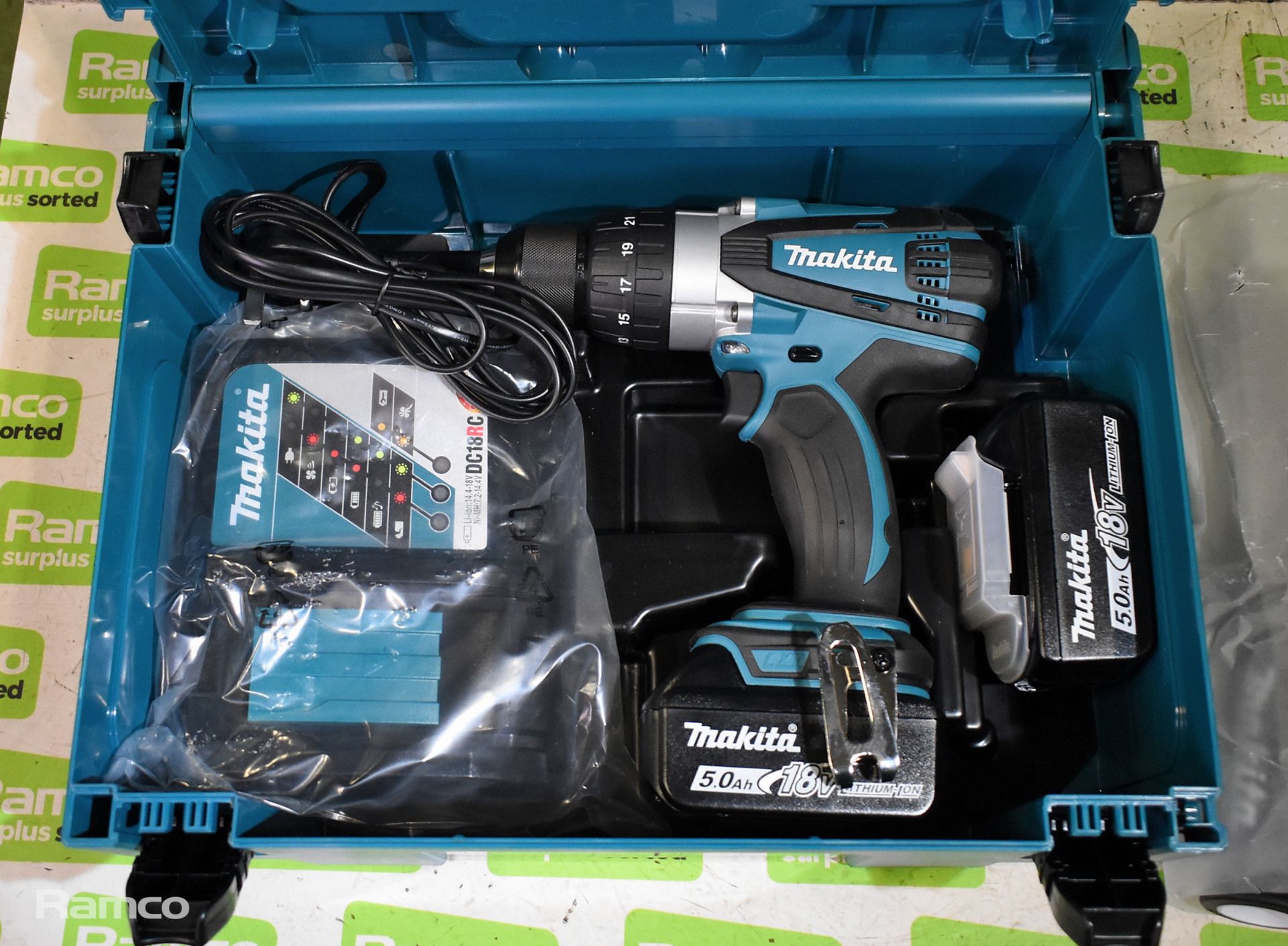 Makita DHP458RTJ 18v combi drill with 2x 5.0Ah batteries and charger - in case - Image 2 of 9