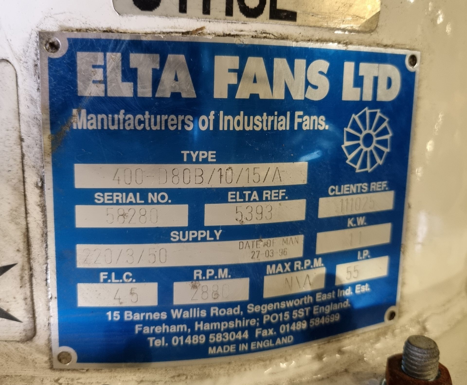 Elta industrial 2 stage fan unit - 400/D80B/10/12/A (1st stage) 400/D80B/10/15/A (2nd stage) - Image 12 of 12