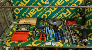 Hand tools - screw extractors, grease gun, pliers, socket accessories, G clamp, magnifier,