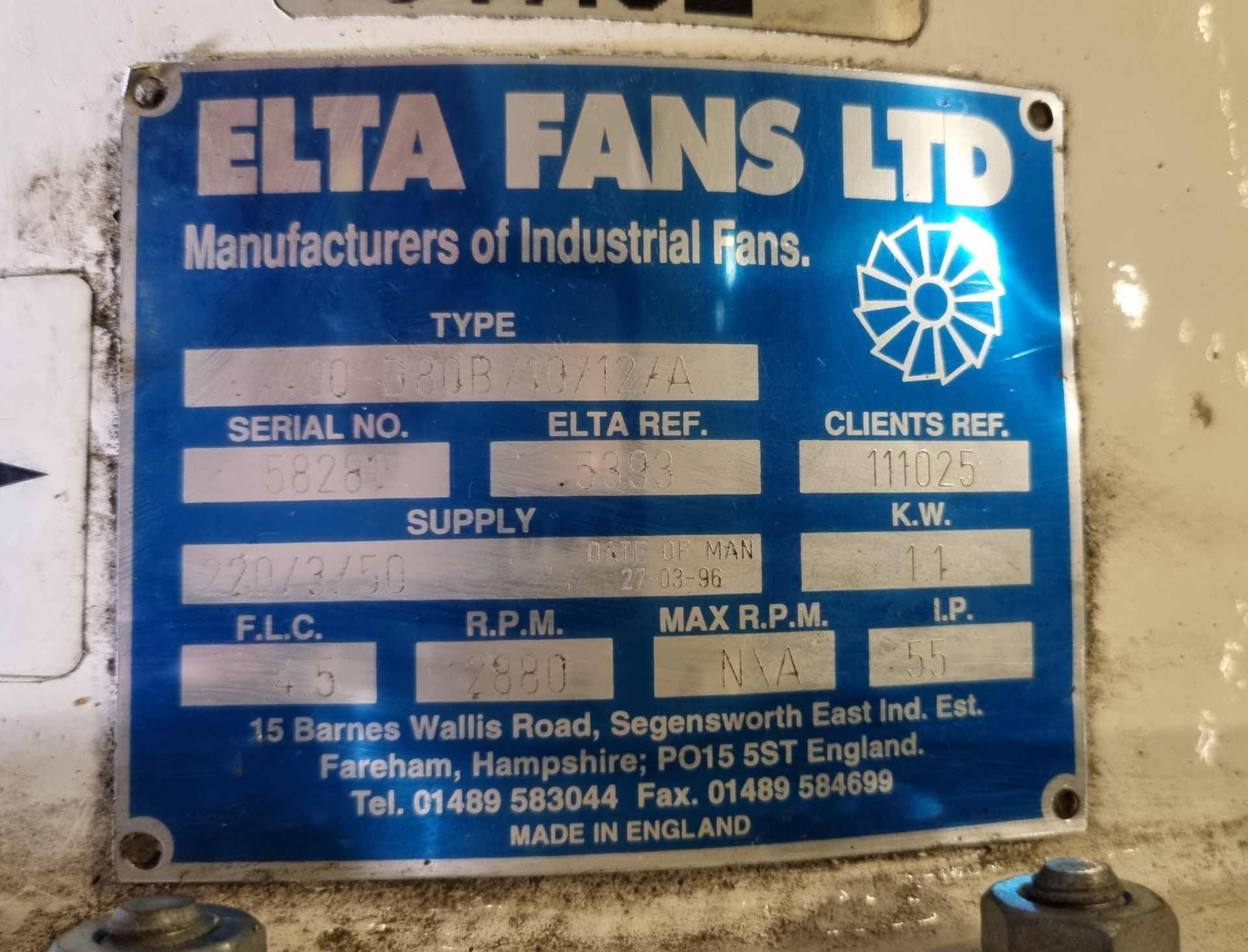 Elta industrial 2 stage fan unit - 400/D80B/10/12/A (1st stage) 400/D80B/10/15/A (2nd stage) - Image 11 of 12