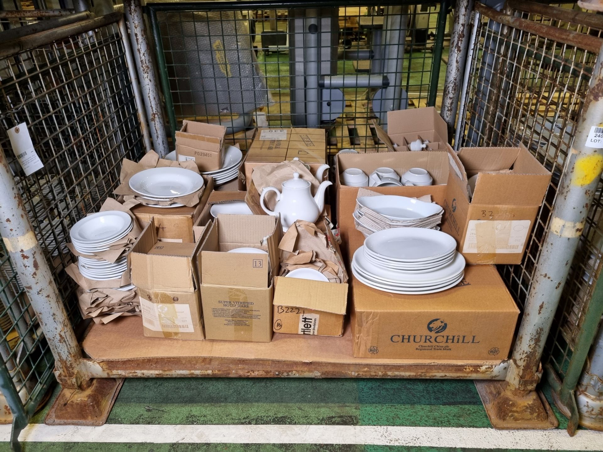 Catering Equipment - White plates, saucers, bowls, cups, teapot, salt + pepper pot