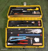 Multi piece tool kit in composite case - hammer, files, torch, hacksaw and grips - L 510 x W 160mm