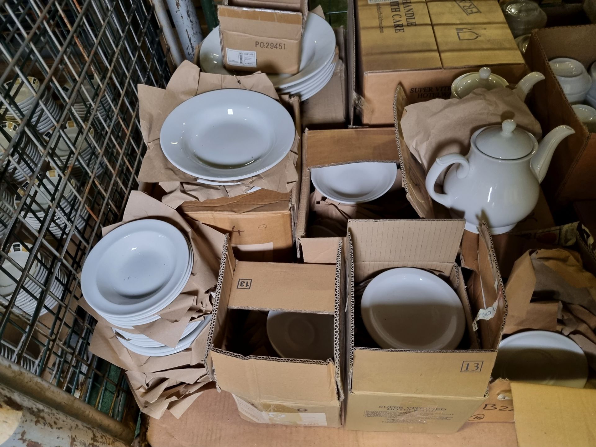 Catering Equipment - White plates, saucers, bowls, cups, teapot, salt + pepper pot - Image 3 of 5