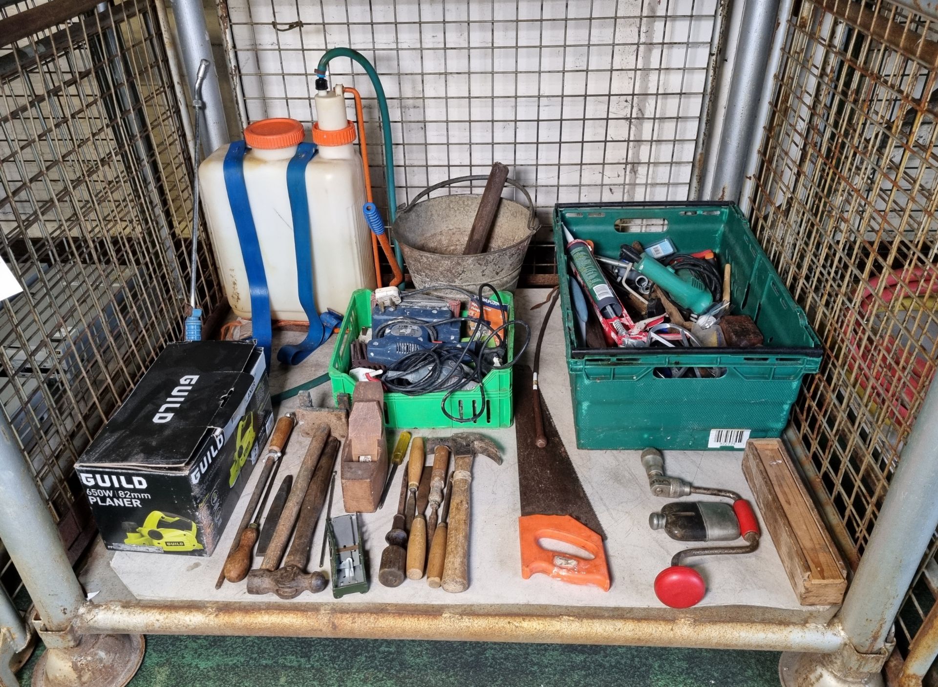 Workshop tools and equipment - backpack sprayer, planers, hammers, electric drill, electric sanders