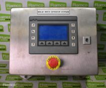 Red Lion GL300 graphical operators terminal in metal enclosure with emergency stop button