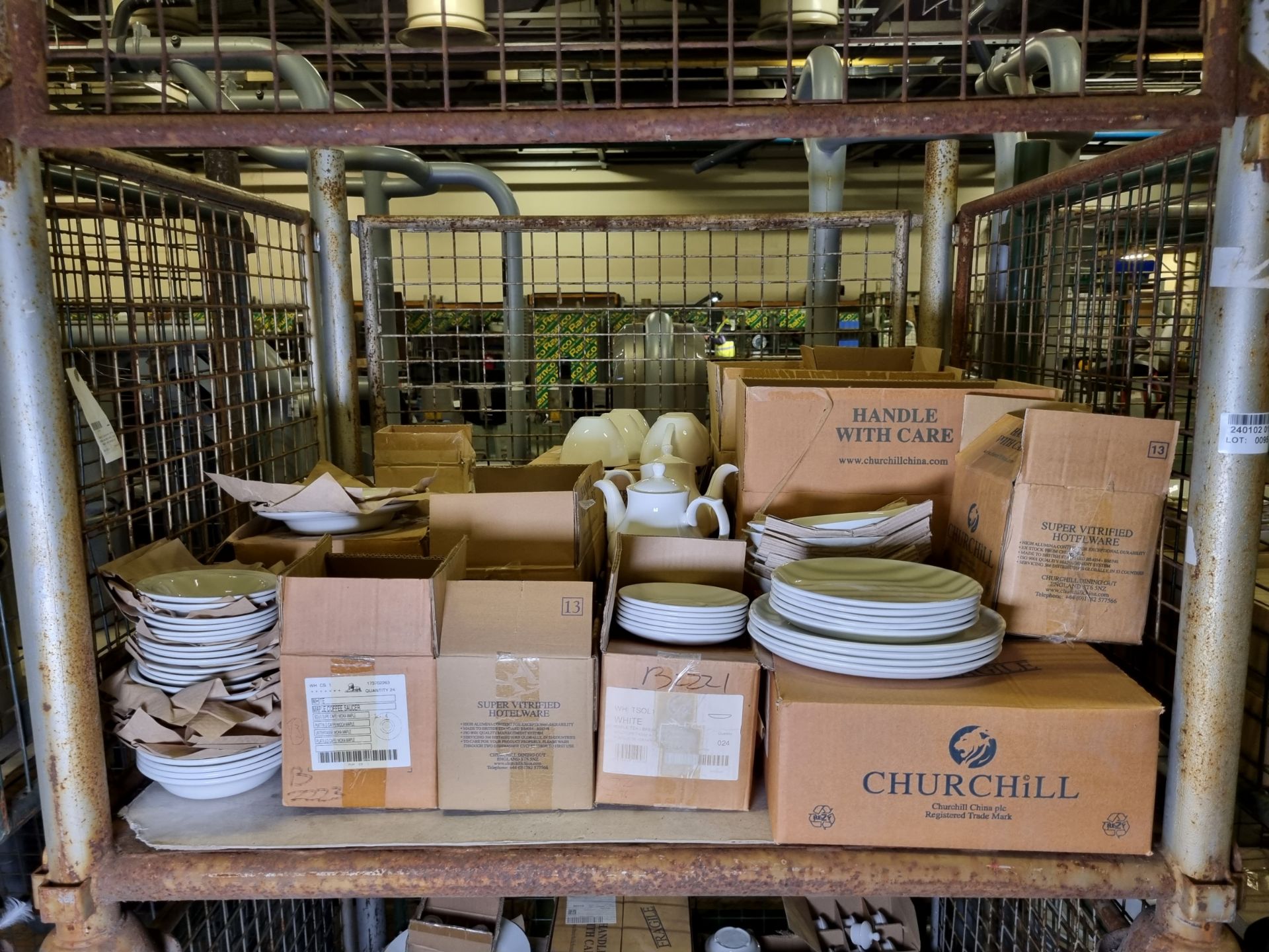 Catering Equipment - White plates, saucers, bowls, cups, teapot, salt + pepper pot