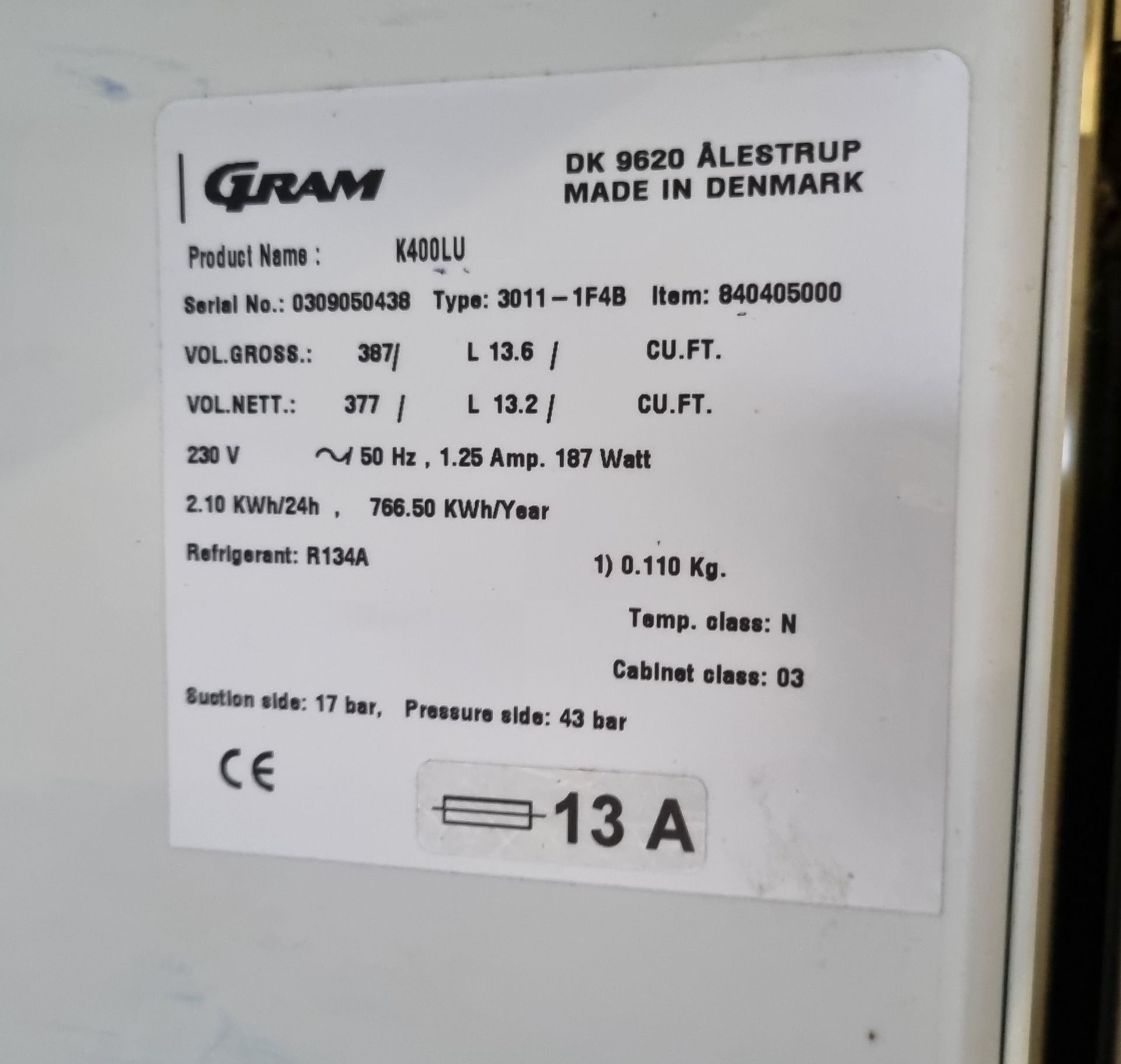 Gram K400LU single upright fridge - W 600 x D 650 x H 1800mm - Image 4 of 4