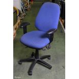 3x Blue fabric swivel and height adjust office chairs
