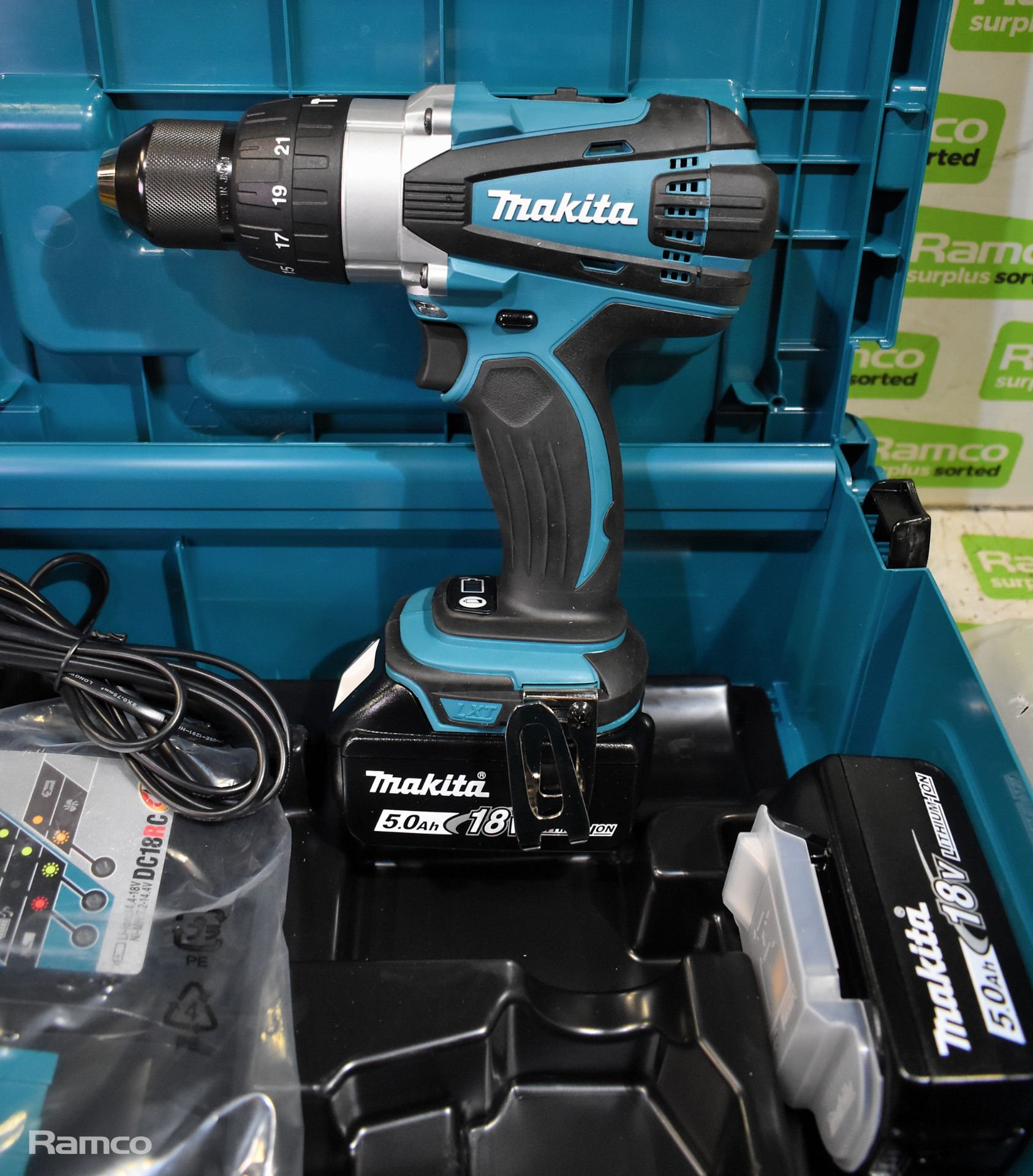 Makita DHP458RTJ 18v combi drill with 2x 5.0Ah batteries and charger - in case - Image 3 of 9
