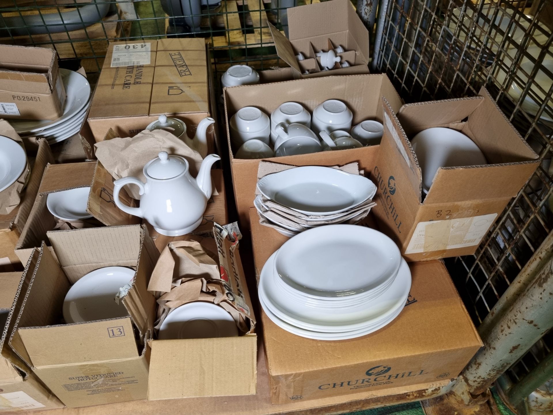 Catering Equipment - White plates, saucers, bowls, cups, teapot, salt + pepper pot - Image 4 of 5